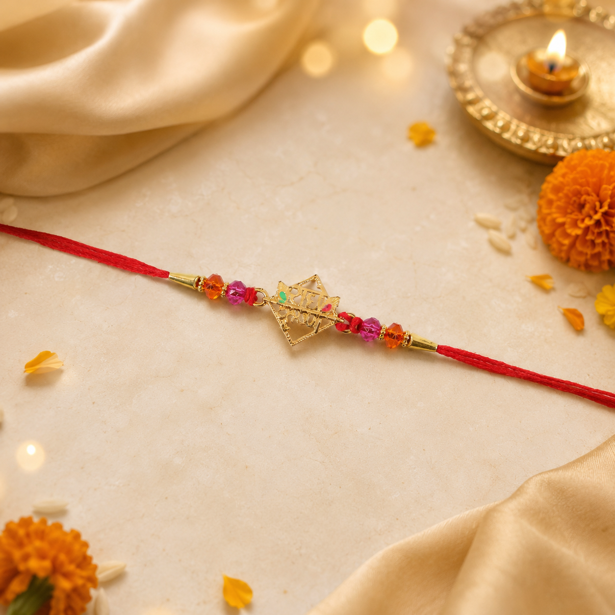 Golden Radha Krishna charm rakhi showing intricate design details