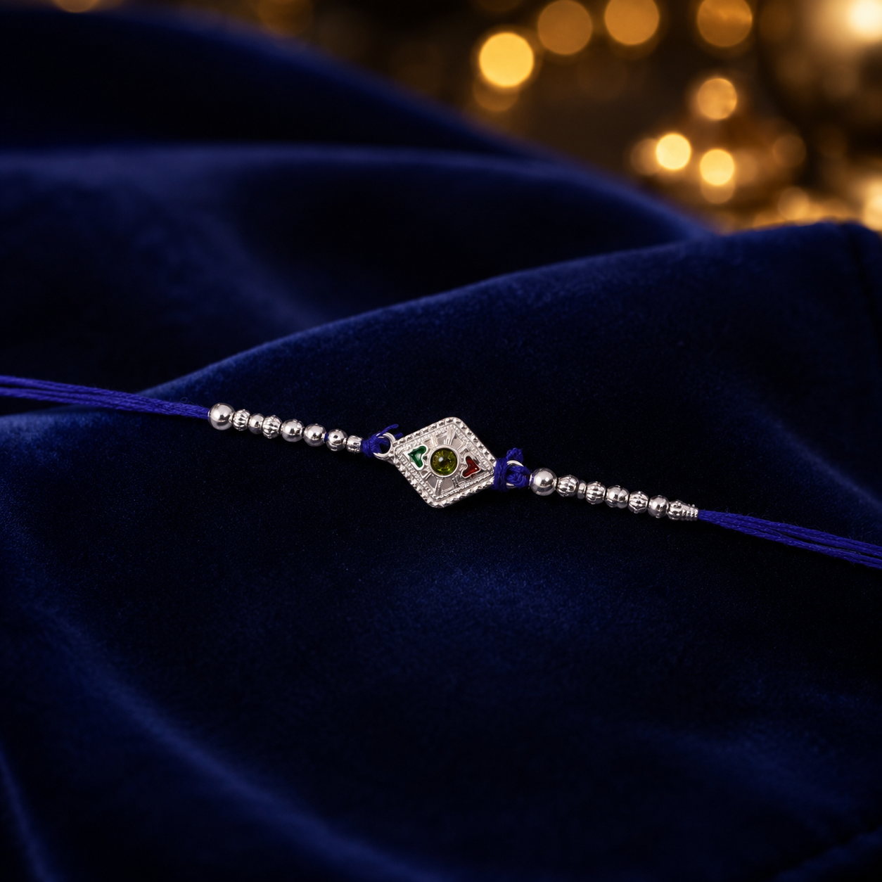 Detailed look at stone charm and beads on Rakhi thread