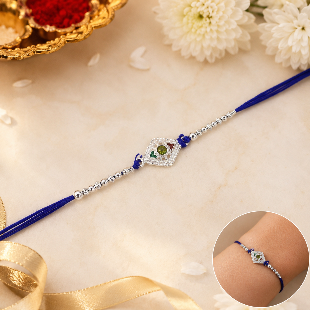Silver kite shape stone charm Rakhi with beads front view