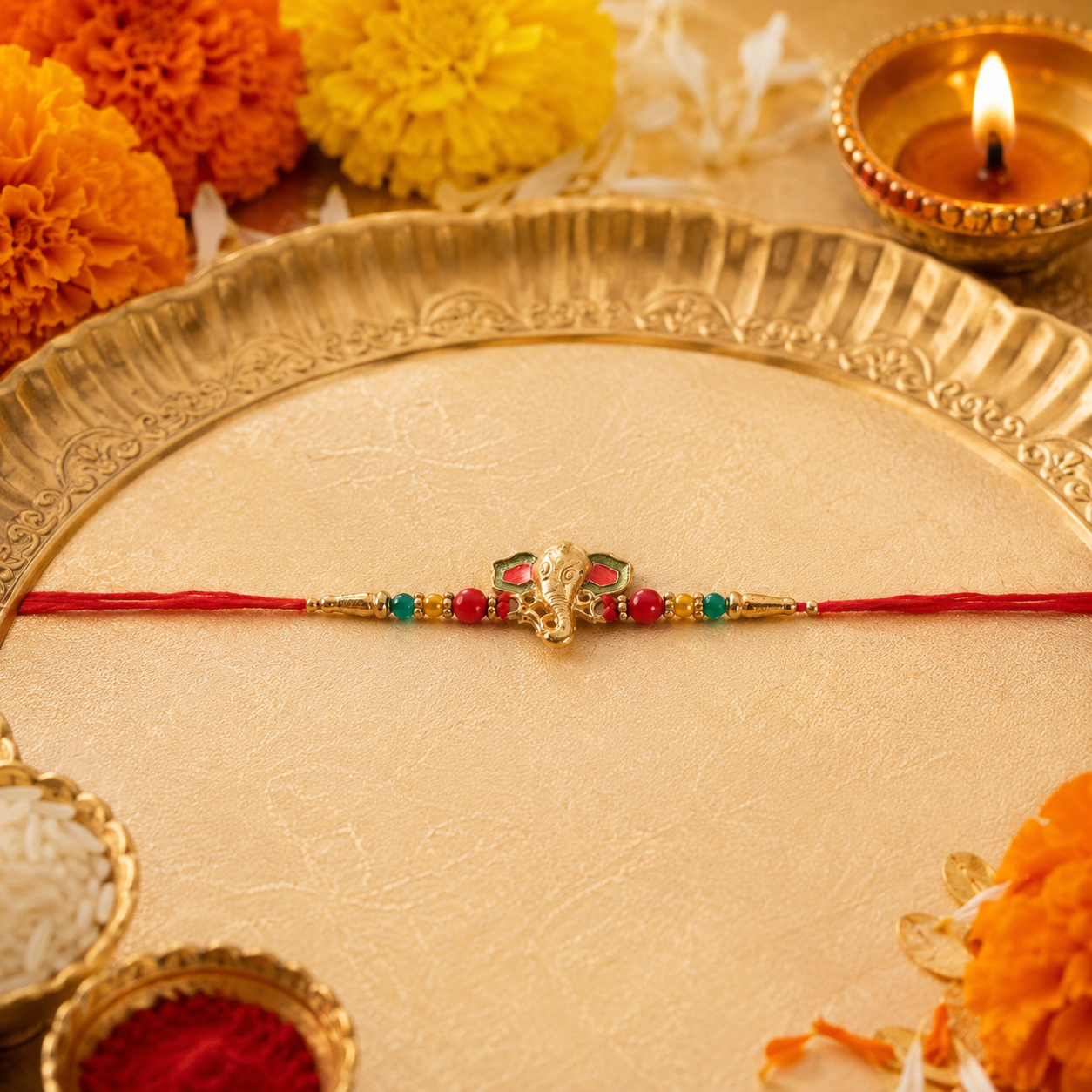 Side view of golden Ganesha charm rakhi with multicolor beads