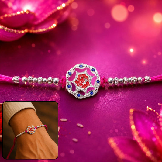 Silver floral round stone charm rakhi with beads
