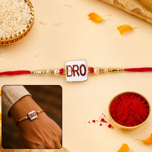 Bro Square Charm Rakhi with pearl beads closeup