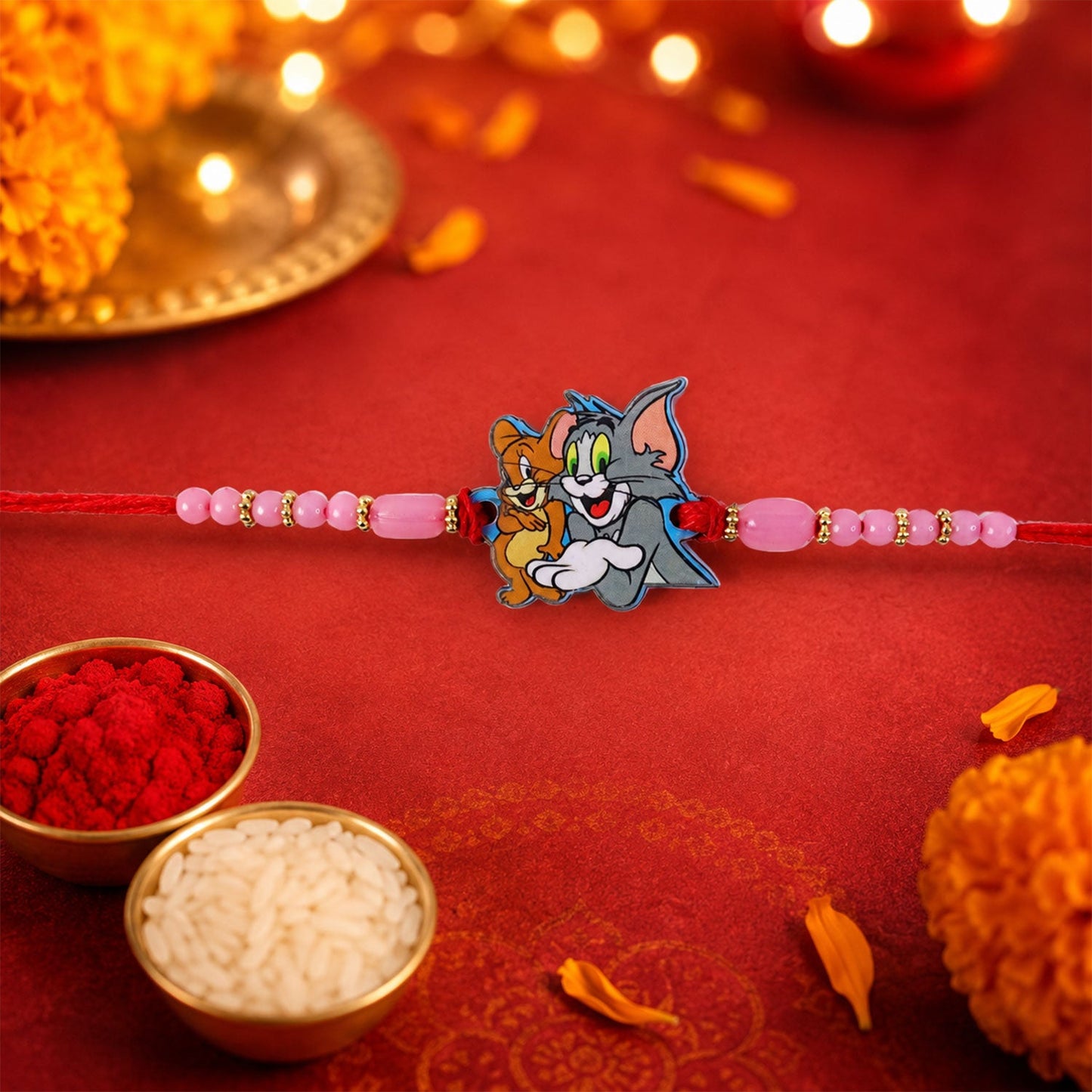 Close-up of Tom And Jerry cartoon charm on Rakhi with colorful beads for kids