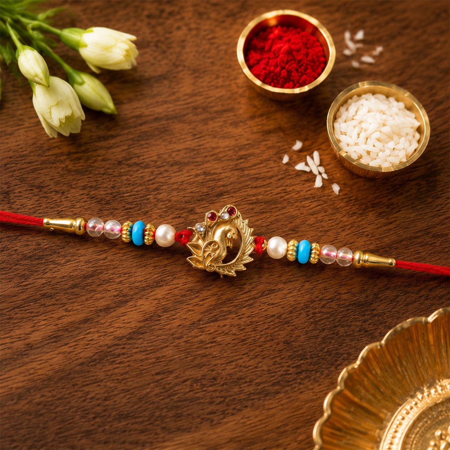 Golden Peacock Rakhi with Turquoise & Pearls