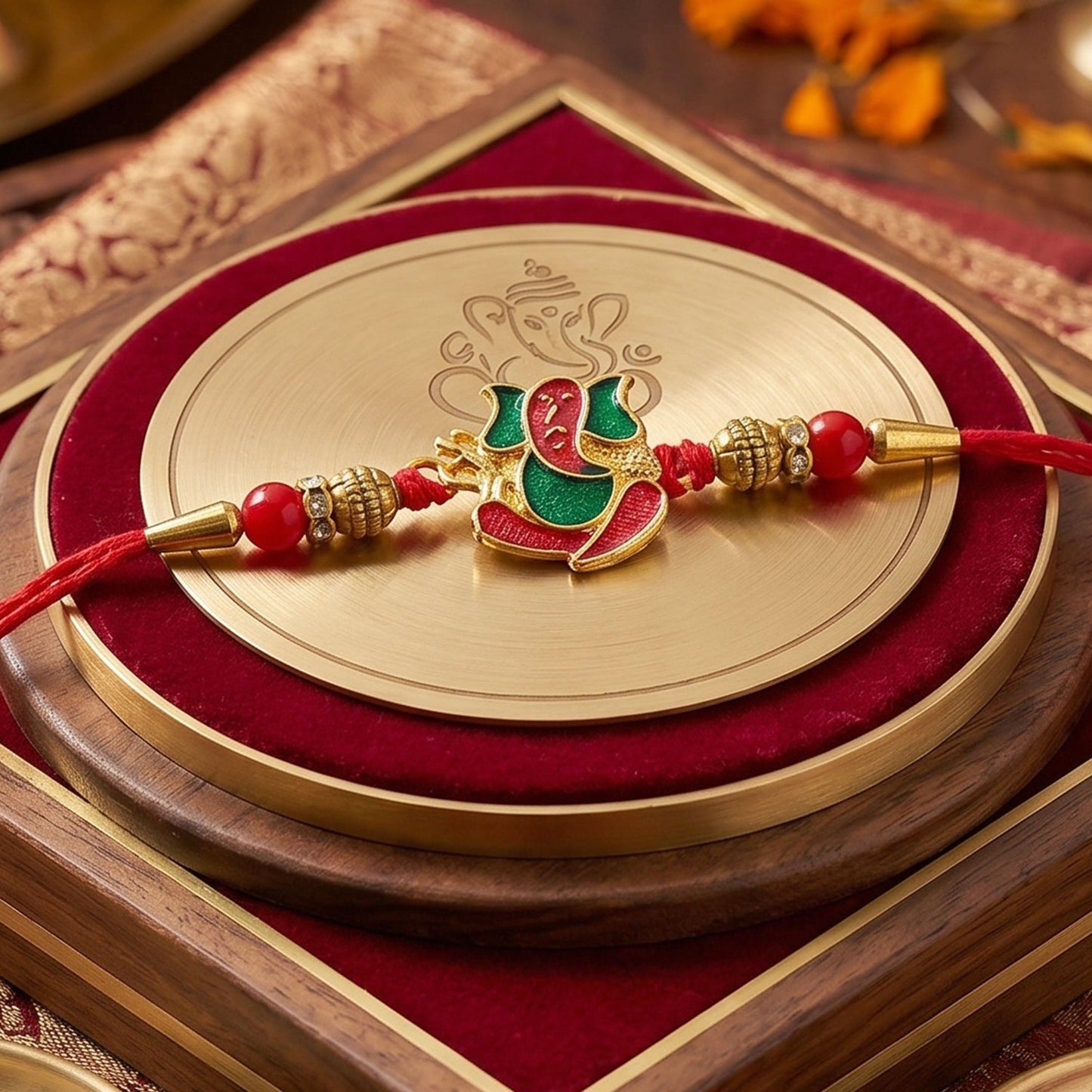 Lord Ganesha Meenakari Rakhi in Red & Green