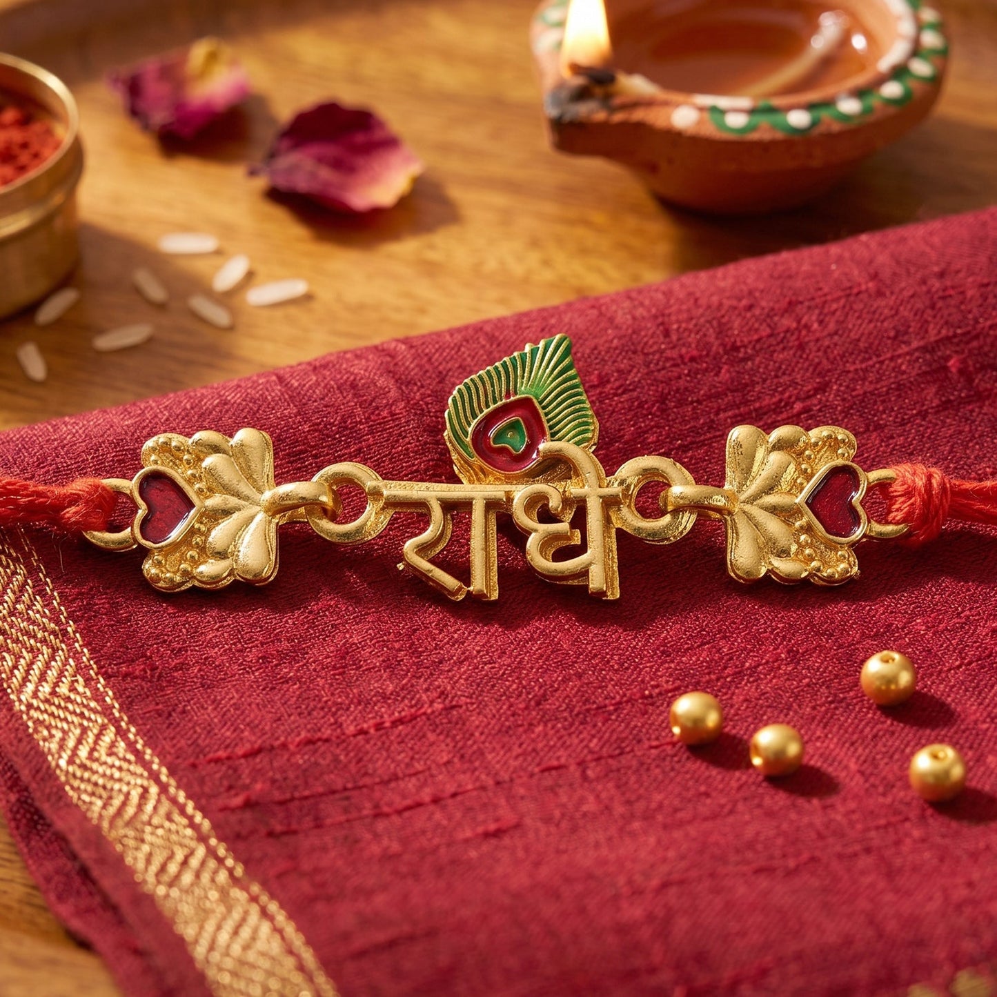 Golden 'Radhe' Rakhi with Peacock Feather
