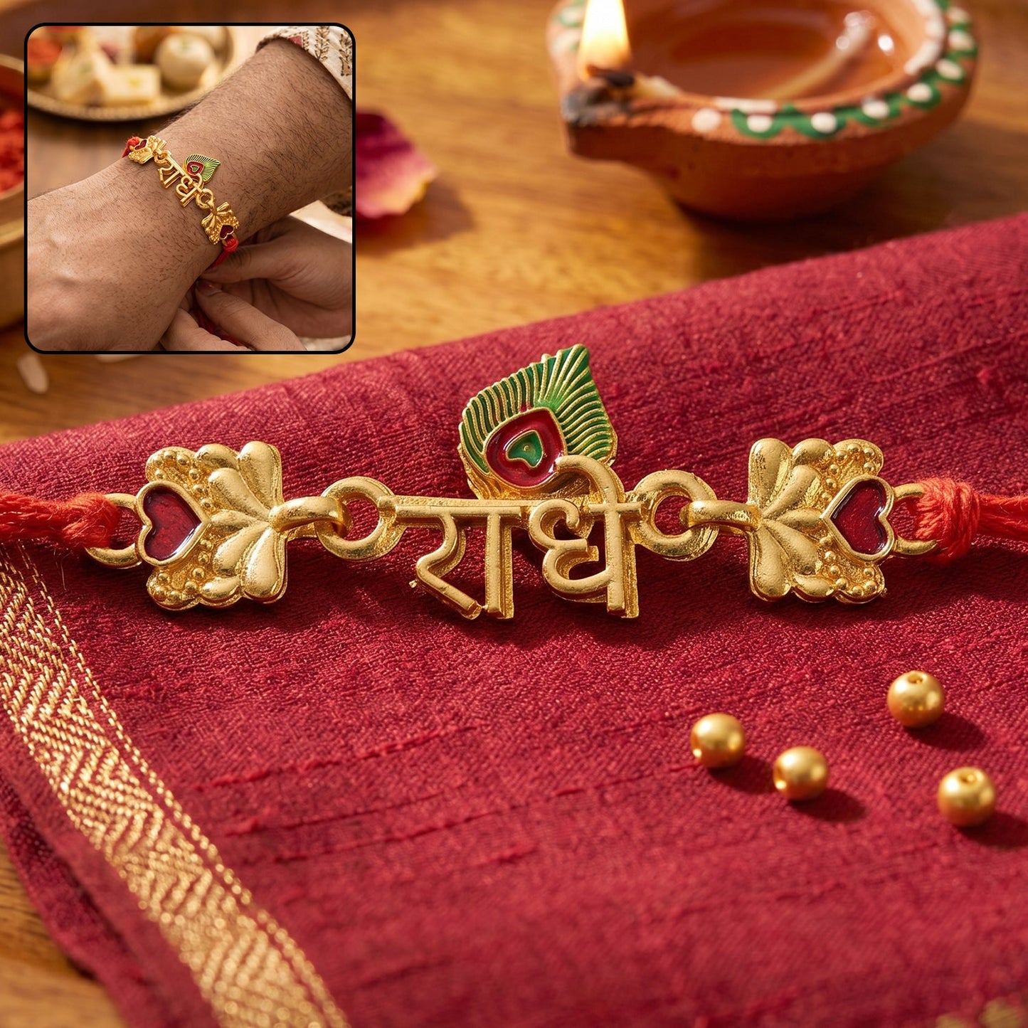 Golden 'Radhe' Rakhi with Peacock Feather