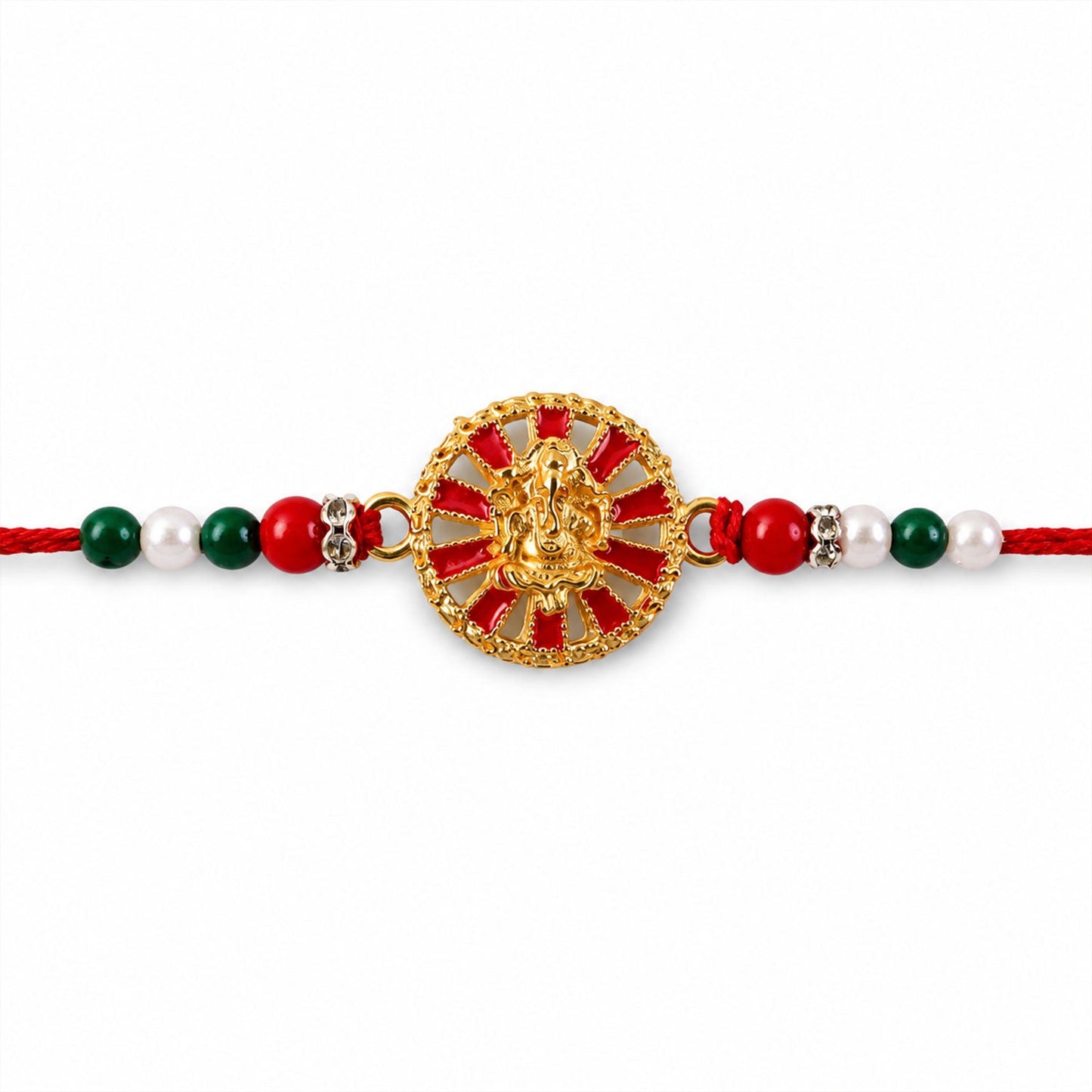 Golden Ganesha Wheel Rakhi with Red Enamel