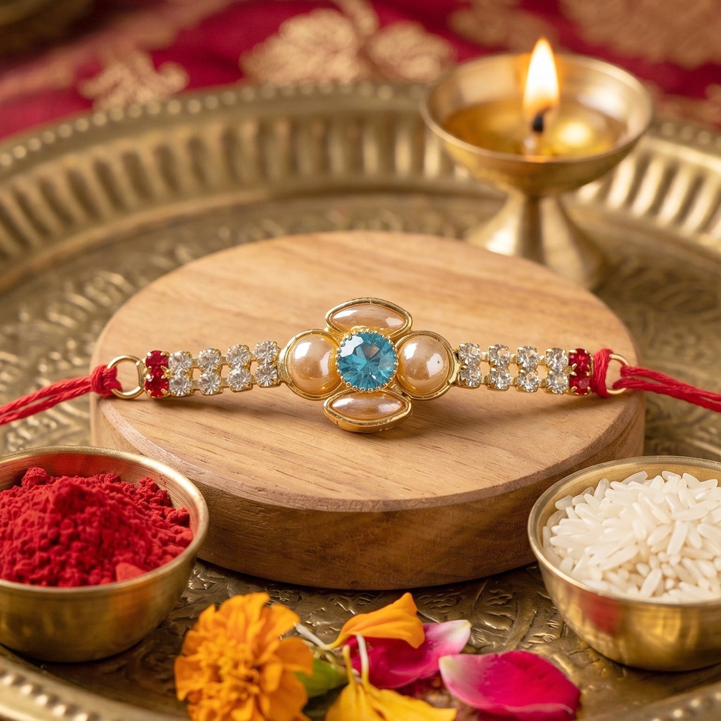 Floral American Diamond Rakhi with Turquoise