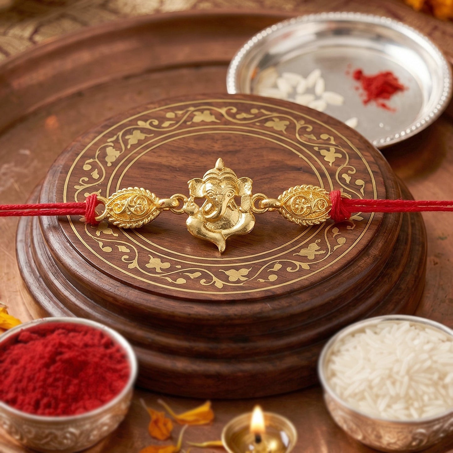Twin Lord Ganesha Golden Rakhi