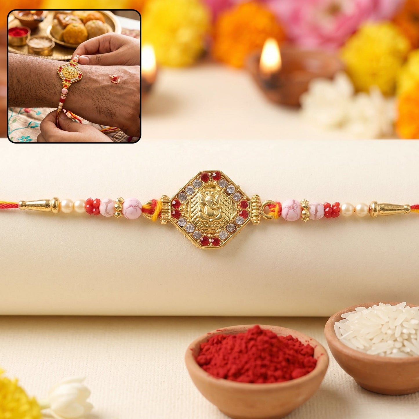 Goddess Lakshmi Rakhi with Red & White Stones