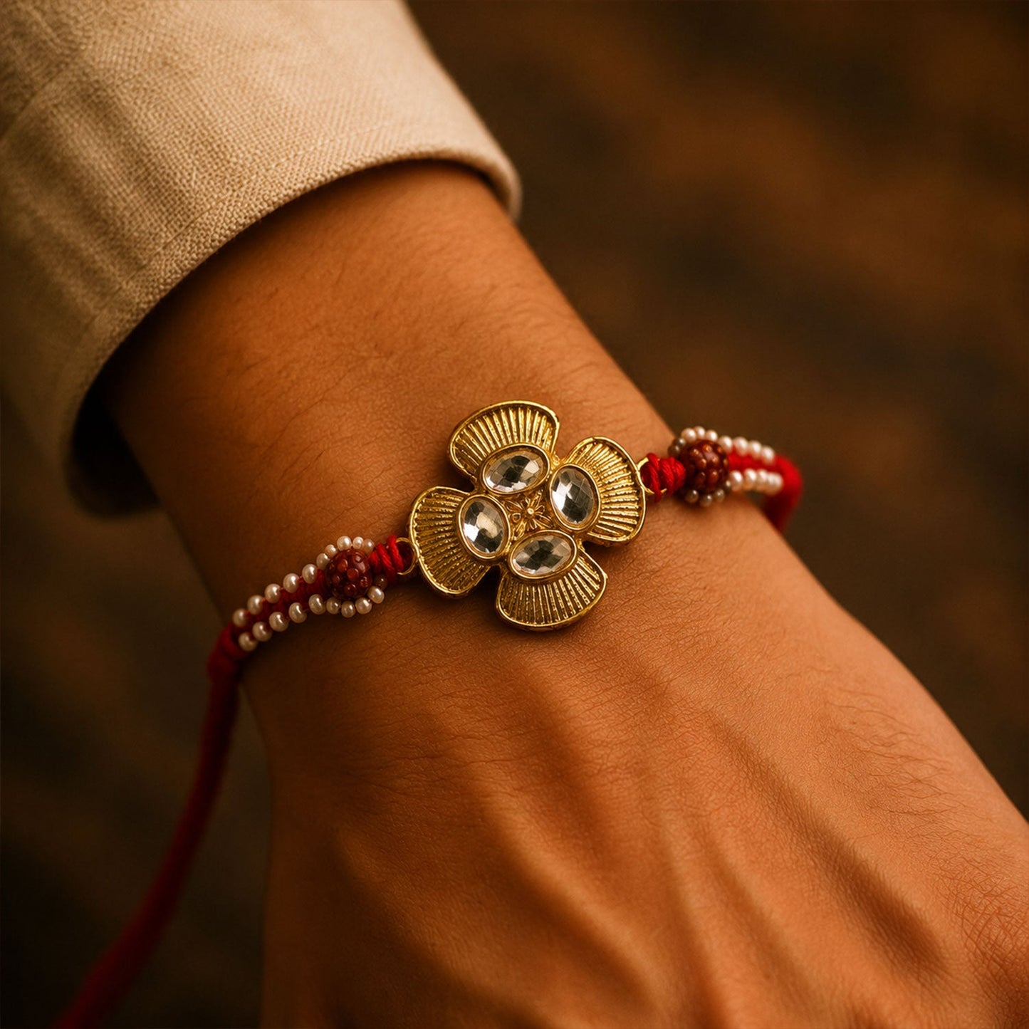 Golden Kundan Flower Rakhi with Rudraksha