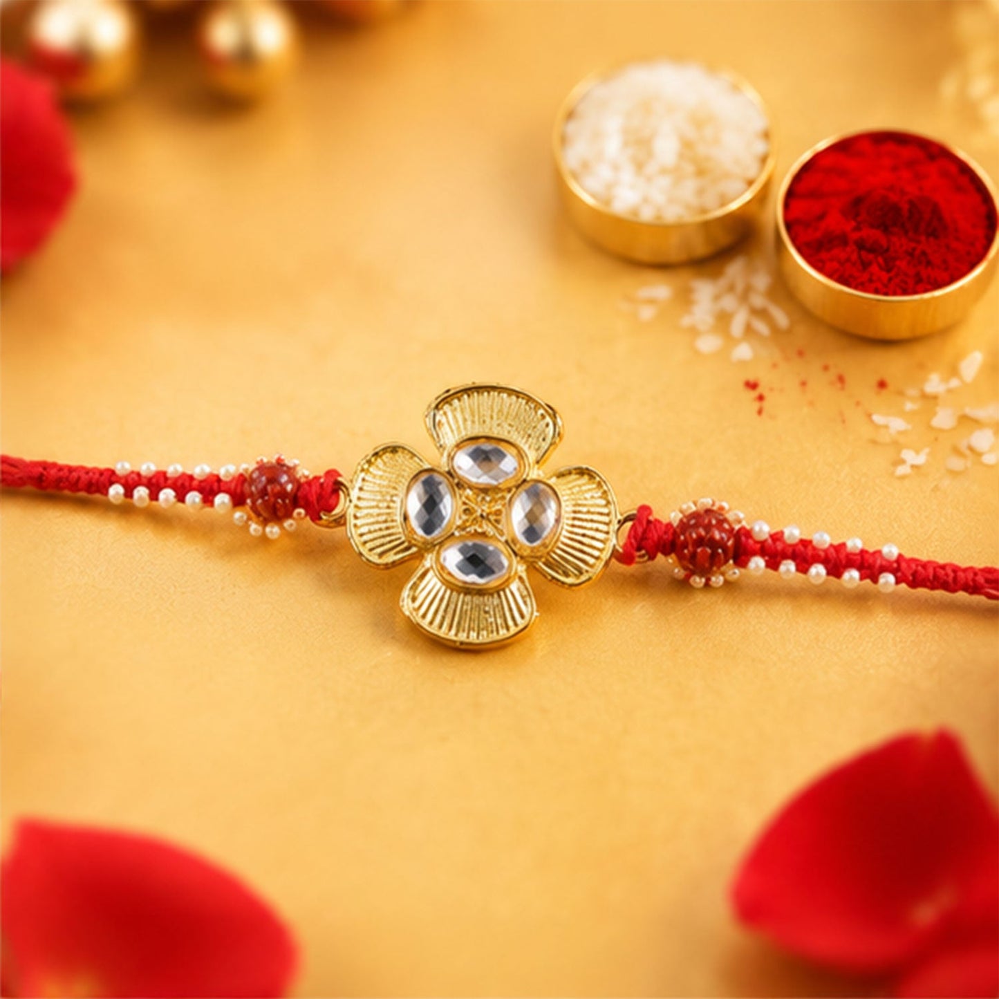 Golden Kundan Flower Rakhi with Rudraksha