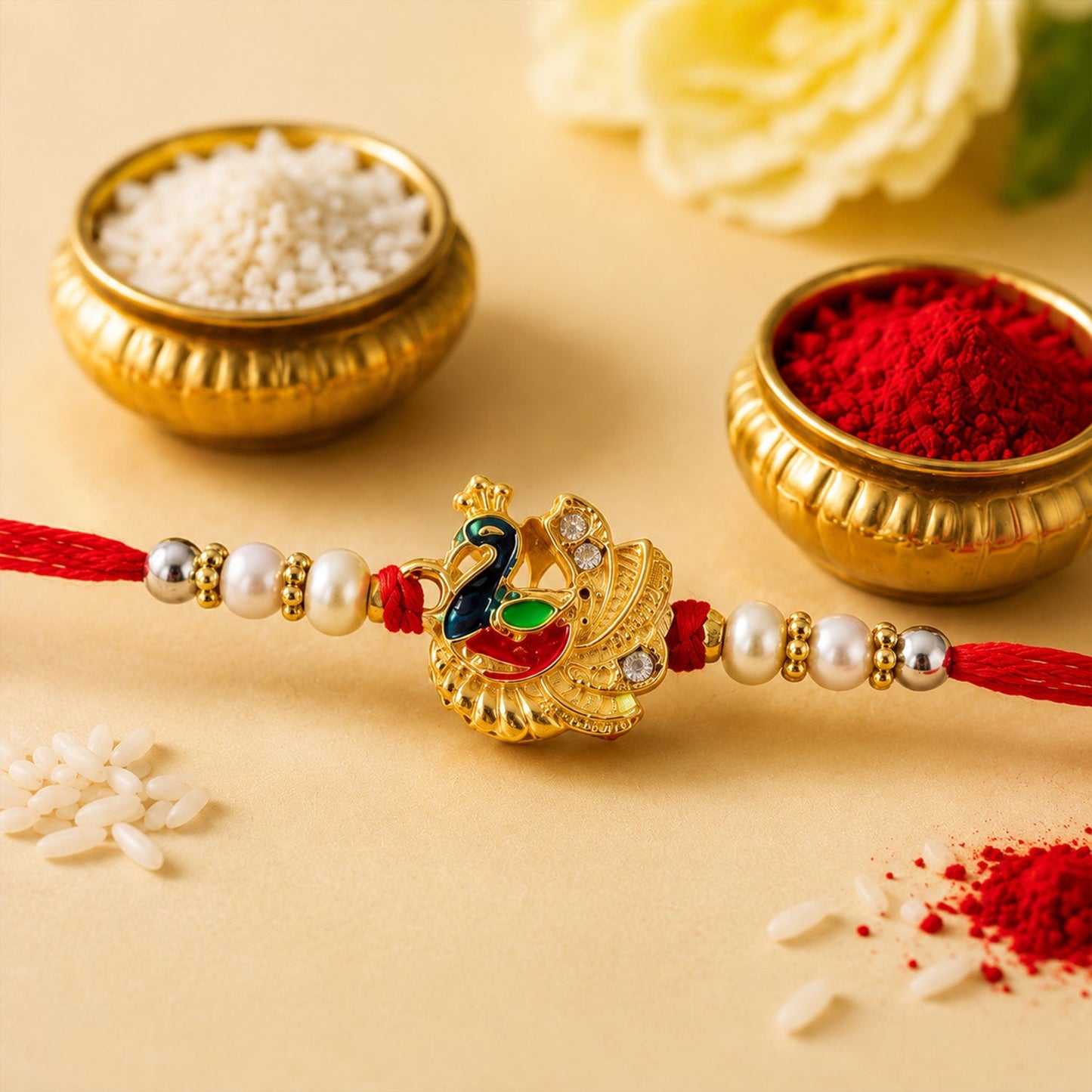 Meenakari Peacock Rakhi with Pearls