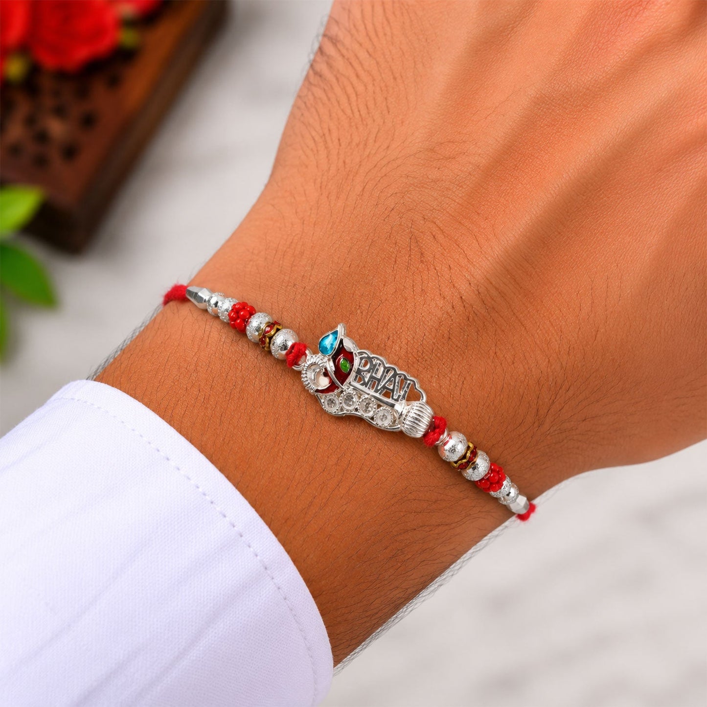 Oxidised Silver 'BHAI' Rakhi with Meenakari