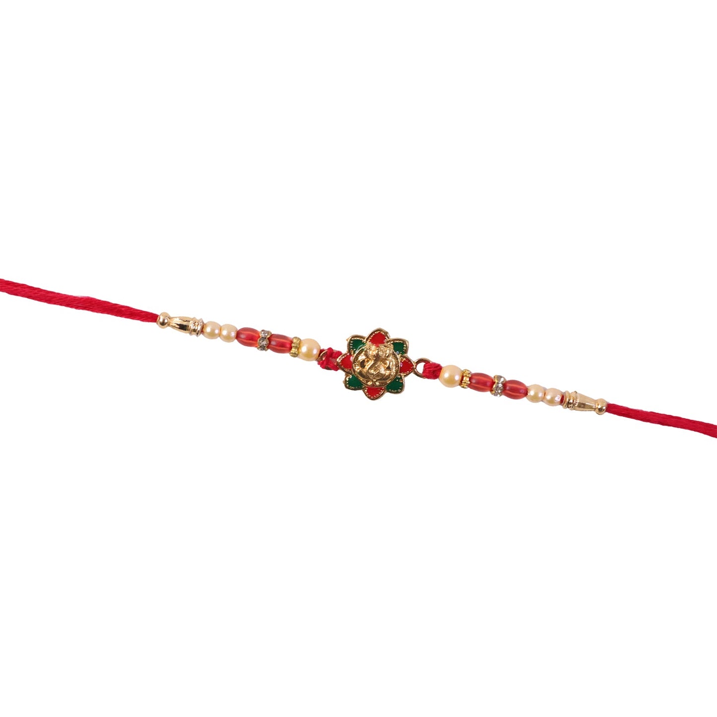 Traditional Golden Floral Meenakari Rakhi with Pearls & Red Beads for Brother - Rakshabandhan Gift