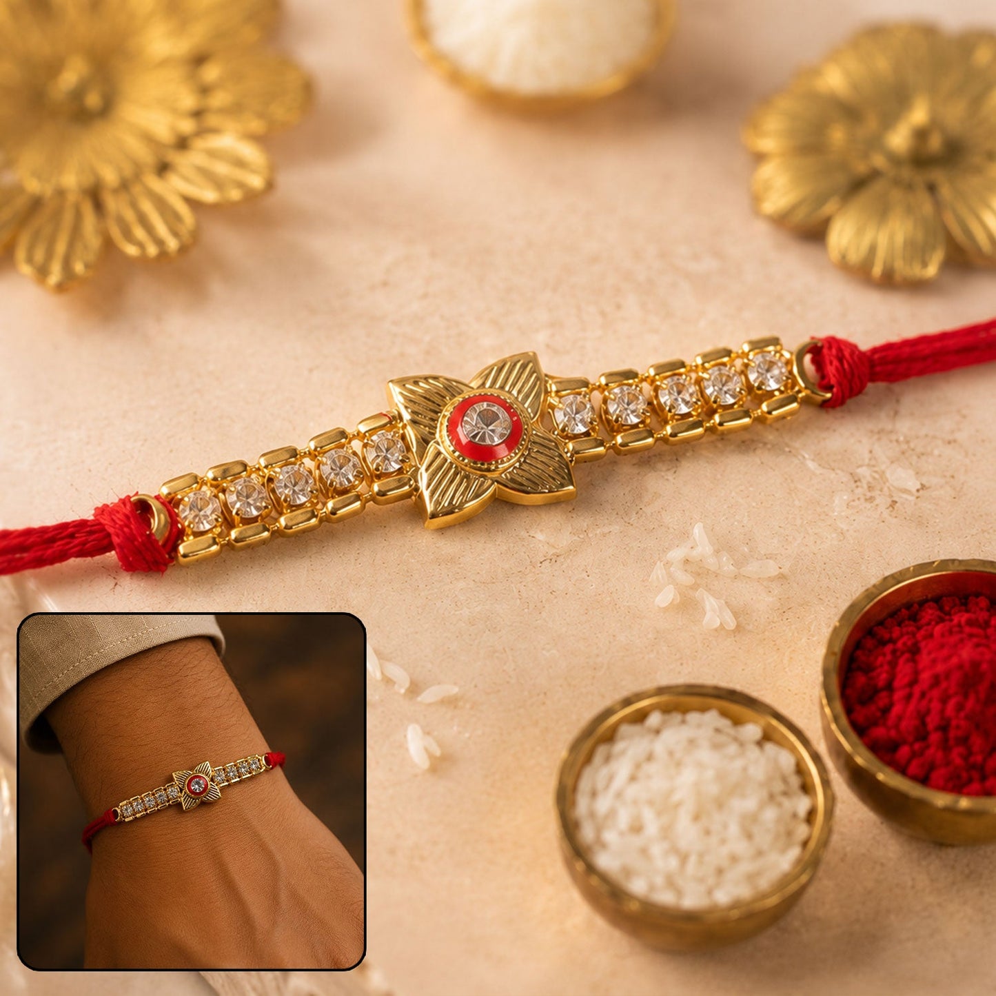 Elegant Gold-Plated Kundan & American Diamond Studded Rakhi for Brother - Raksha Bandhan Special