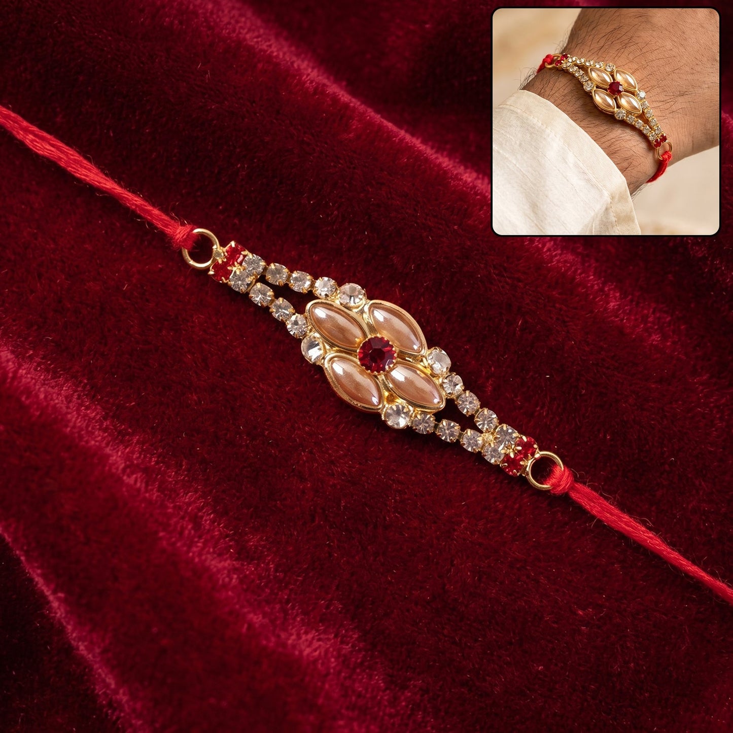 Stylish Stone Floral Rakhi with Pink Pearl Beads for Bhaiya - Rakshabandhan Gift
