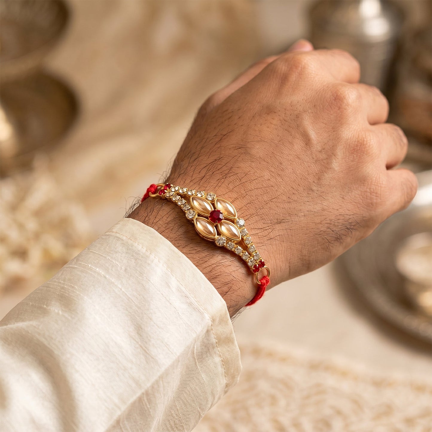 Stylish Stone Floral Rakhi with Pink Pearl Beads for Bhaiya - Rakshabandhan Gift