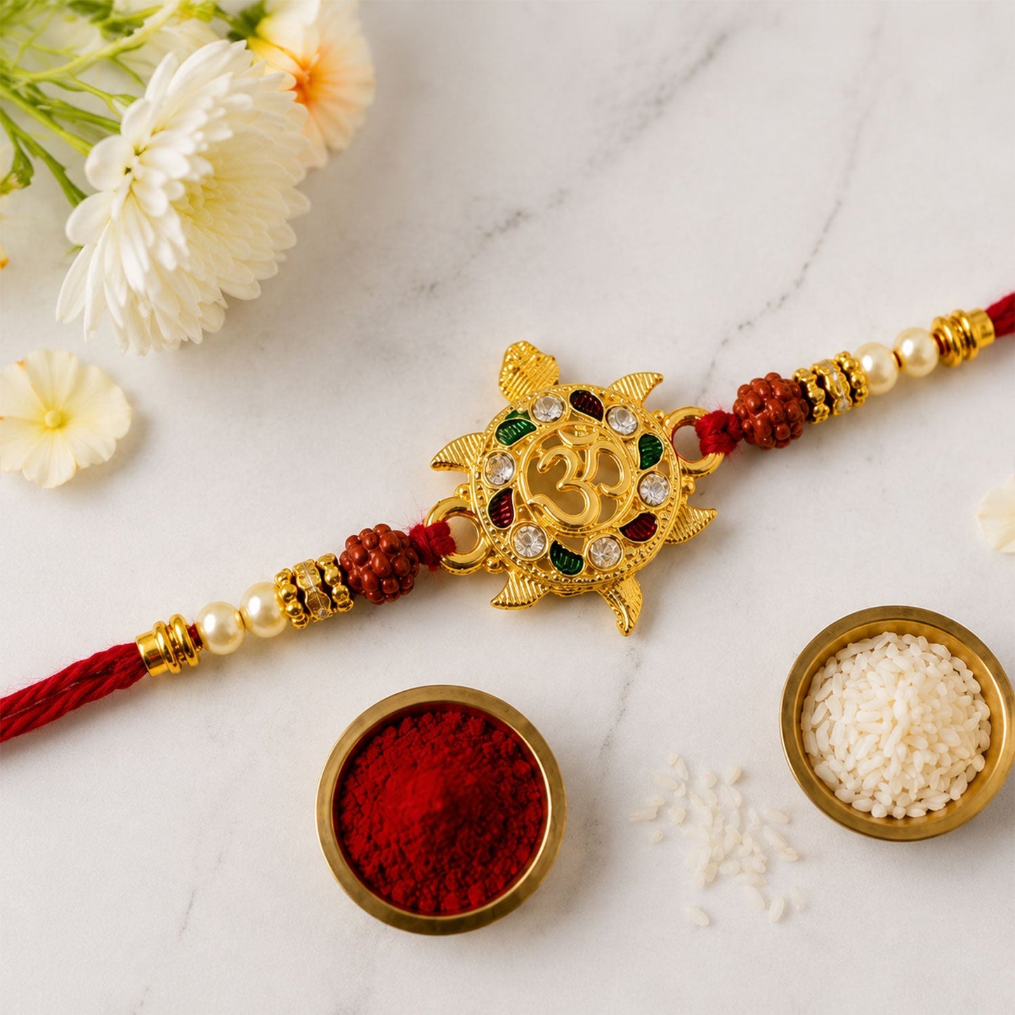 Auspicious Golden Tortoise Om Rakhi with Meenakari & Rudraksha Beads for Brother