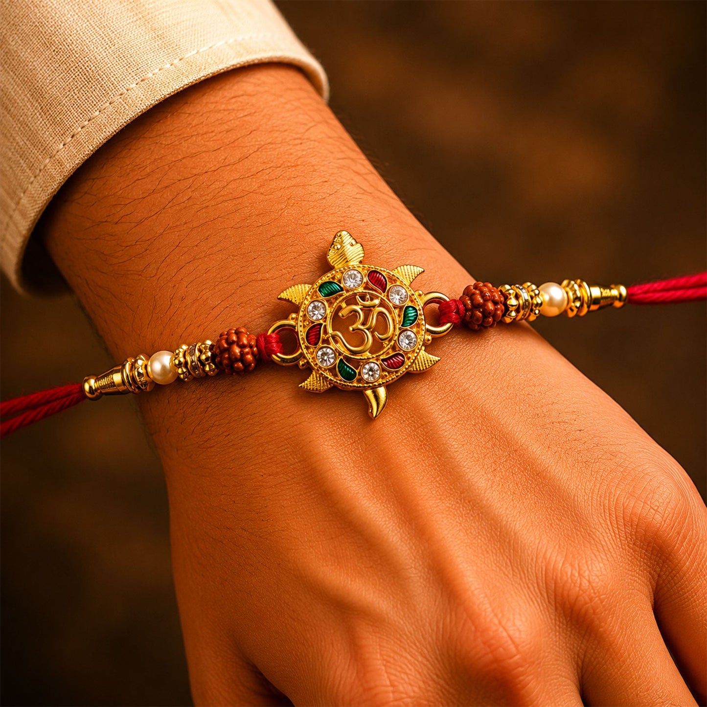 Auspicious Golden Tortoise Om Rakhi with Meenakari & Rudraksha Beads for Brother