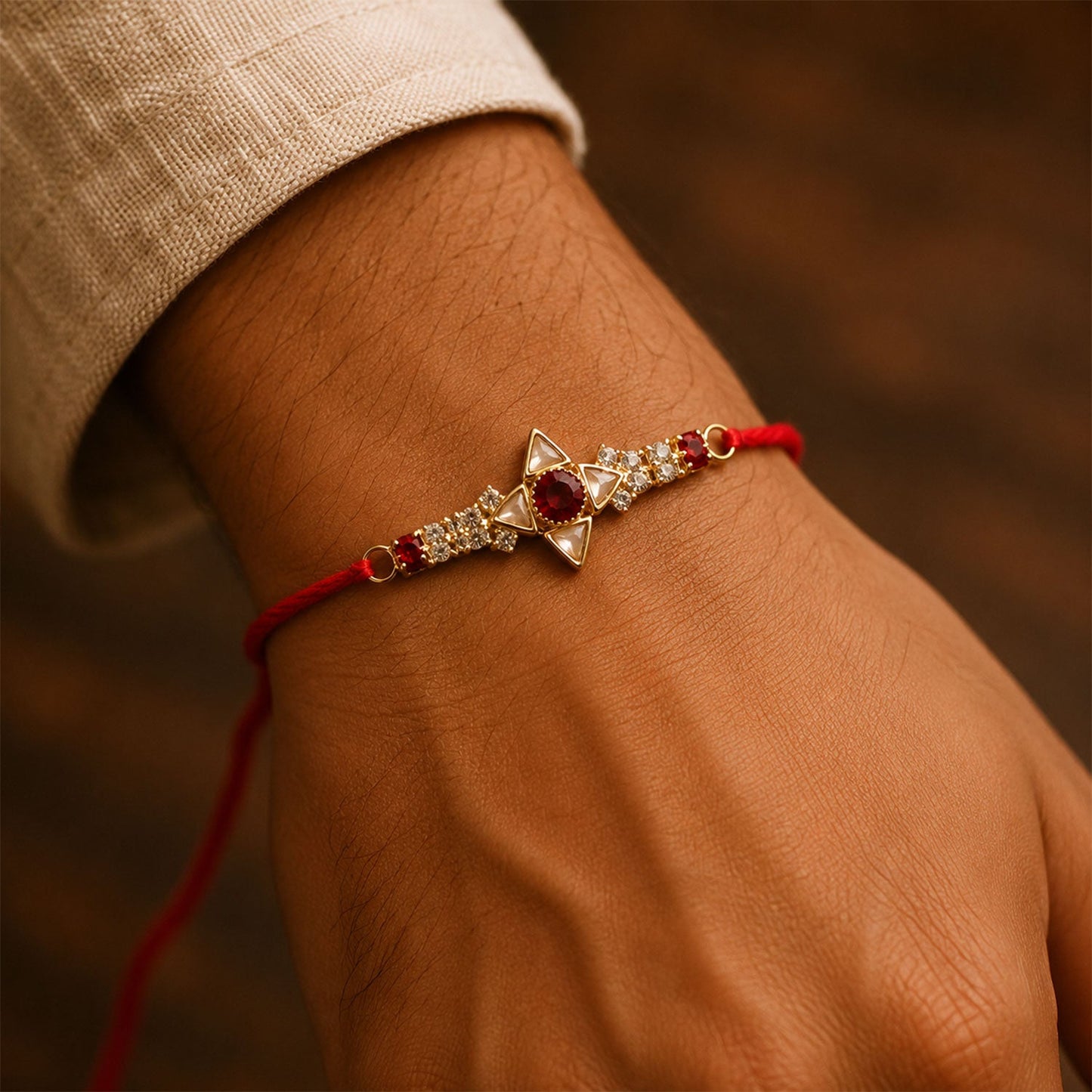 Sparkling Gold Star Rakhi with White & Red Stones for Brother - Raksha Bandhan Special