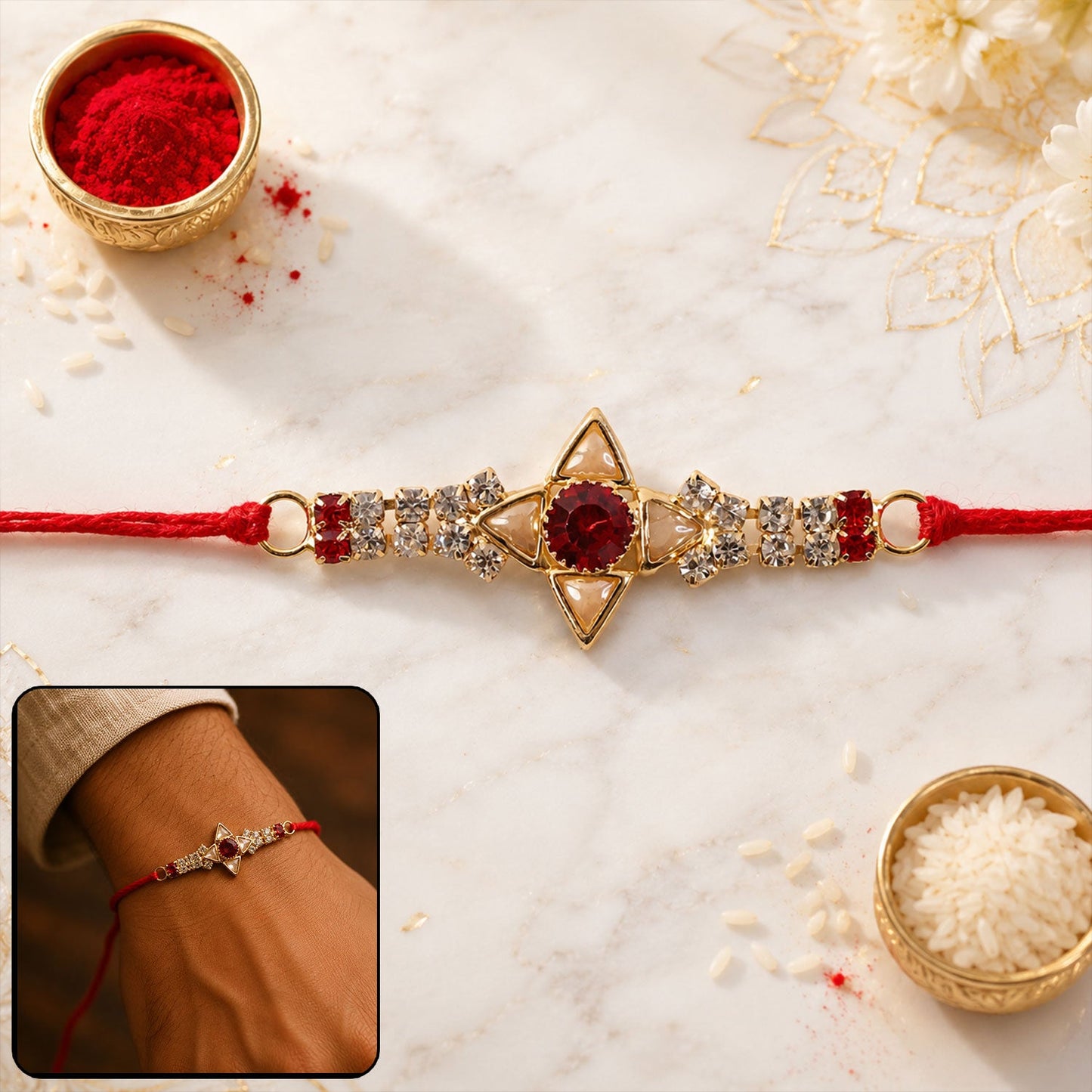 Sparkling Gold Star Rakhi with White & Red Stones for Brother - Raksha Bandhan Special