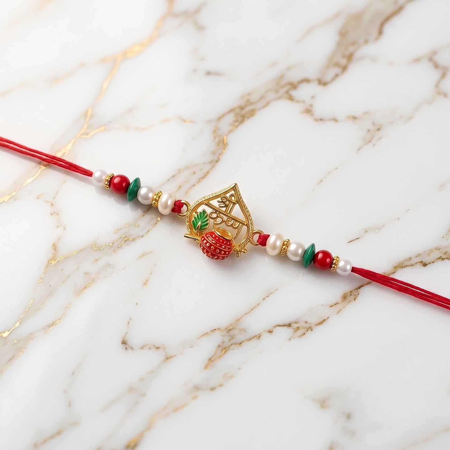 Golden Shree Krishna Rakhi with Pearls & Beads for Beloved Brother