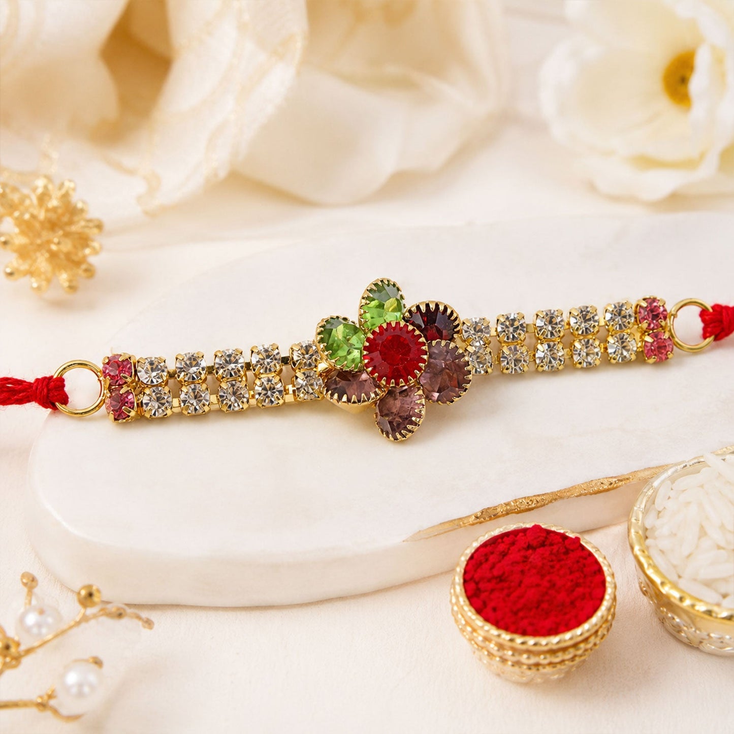 Designer AD Stone Bracelet Rakhi with Colourful Floral Motif for Brother
