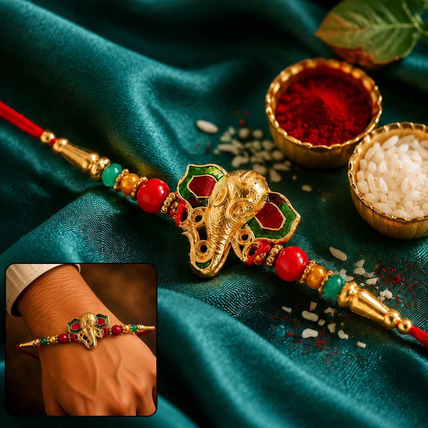 Lord Ganesha Golden Meenakari Rakhi with Red & Green Beads for Brother