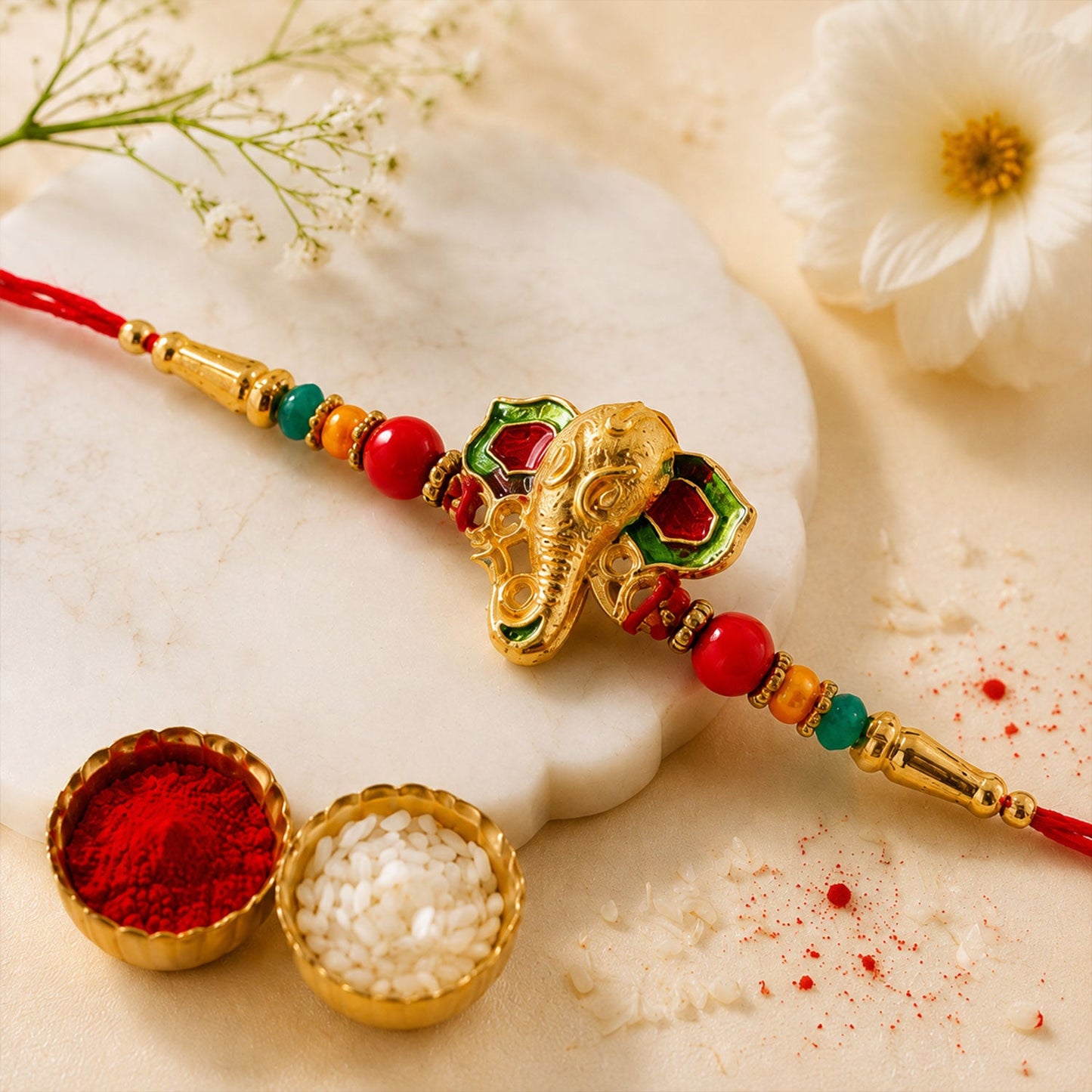 Lord Ganesha Golden Meenakari Rakhi with Red & Green Beads for Brother