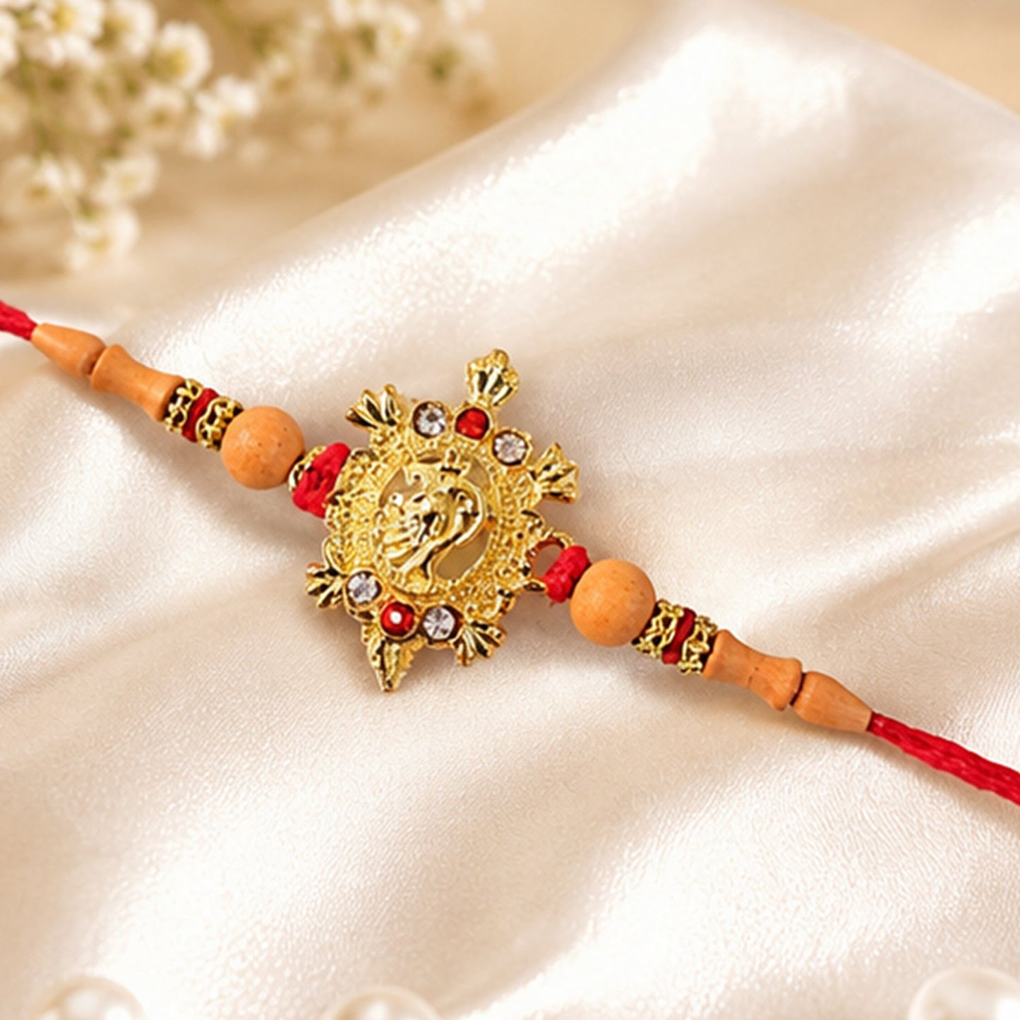 Traditional Golden Om Rakhi with Beads for Brother - Rakshabandhan Gift