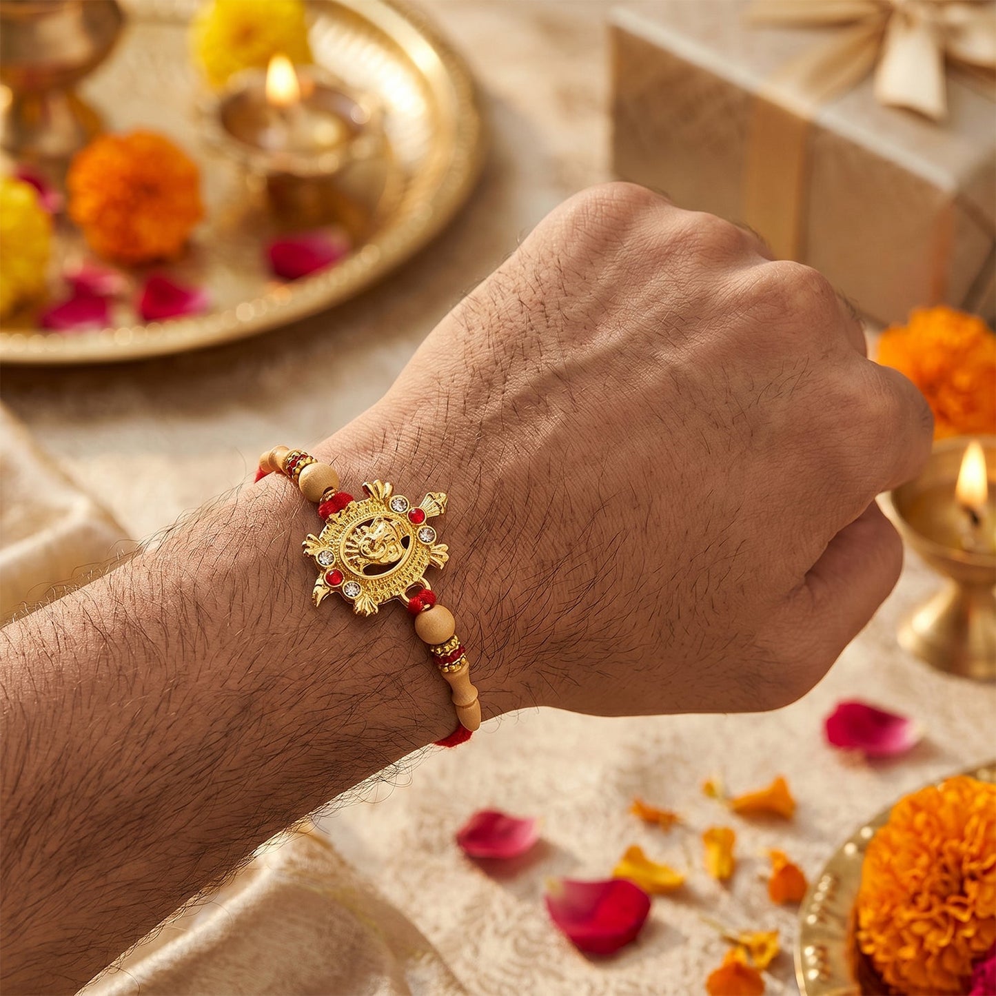 Traditional Golden Om Rakhi with Beads for Brother - Rakshabandhan Gift