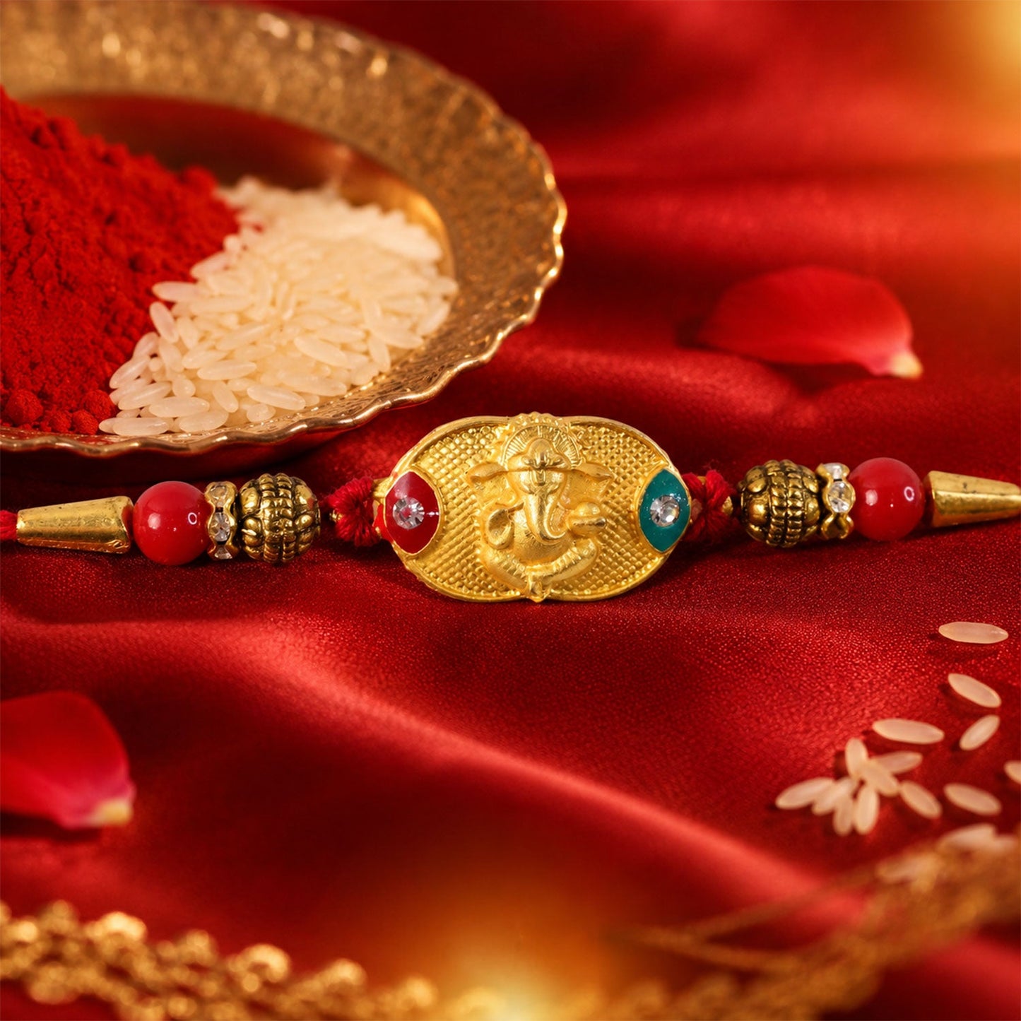 Side angle view of Ganesha rakhi with intricate bead work
