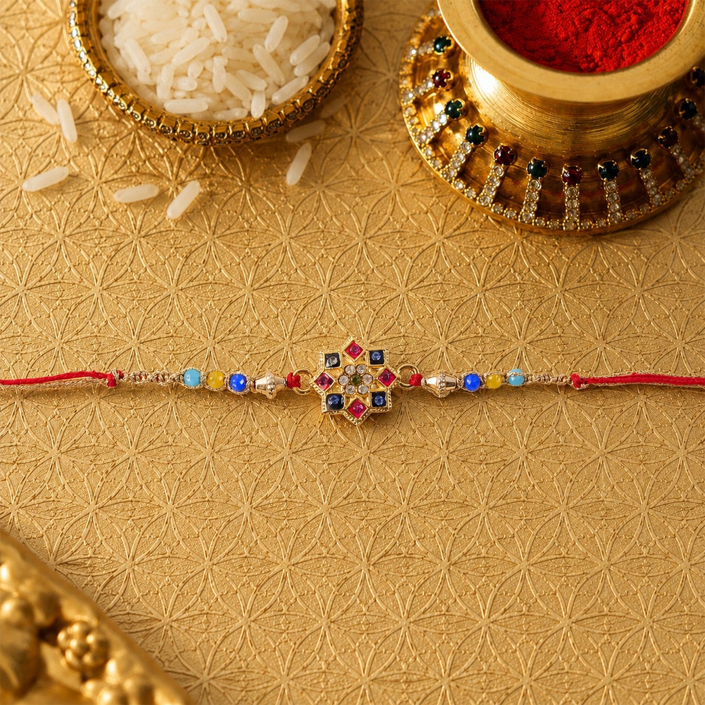 Colourful Multi-Bead AD Stone Rakhi with Motif for Brother