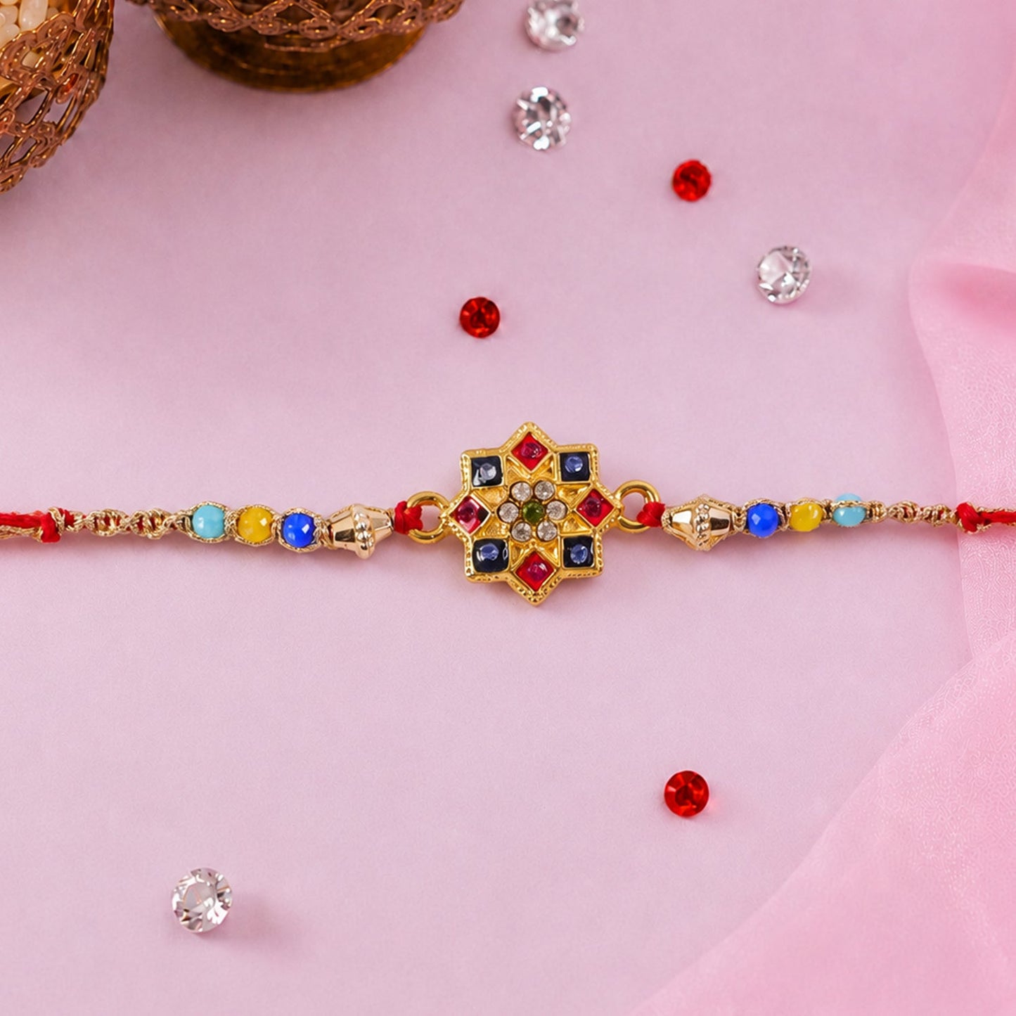 Colourful Multi-Bead AD Stone Rakhi with Motif for Brother