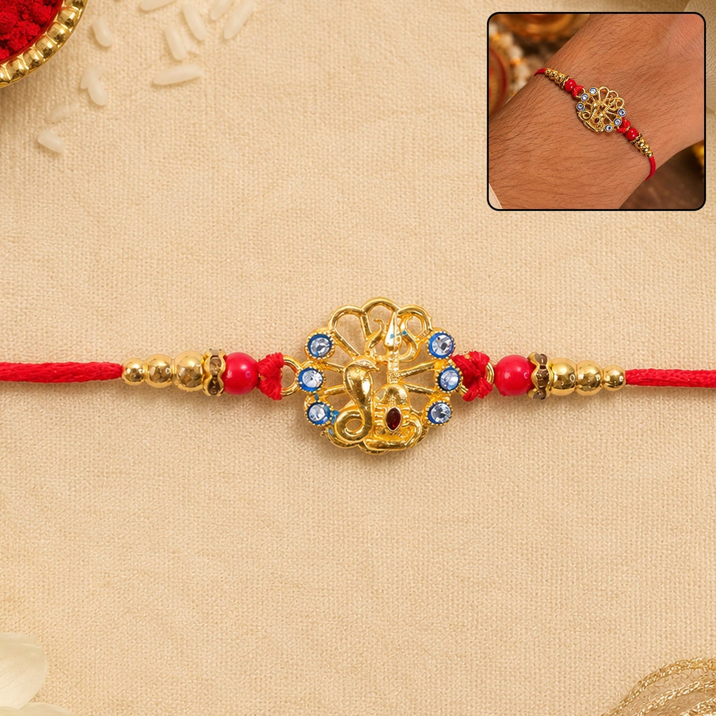 God Charm Rakhi with Blue & Red Stones for Brother - Rakshabandhan Gift