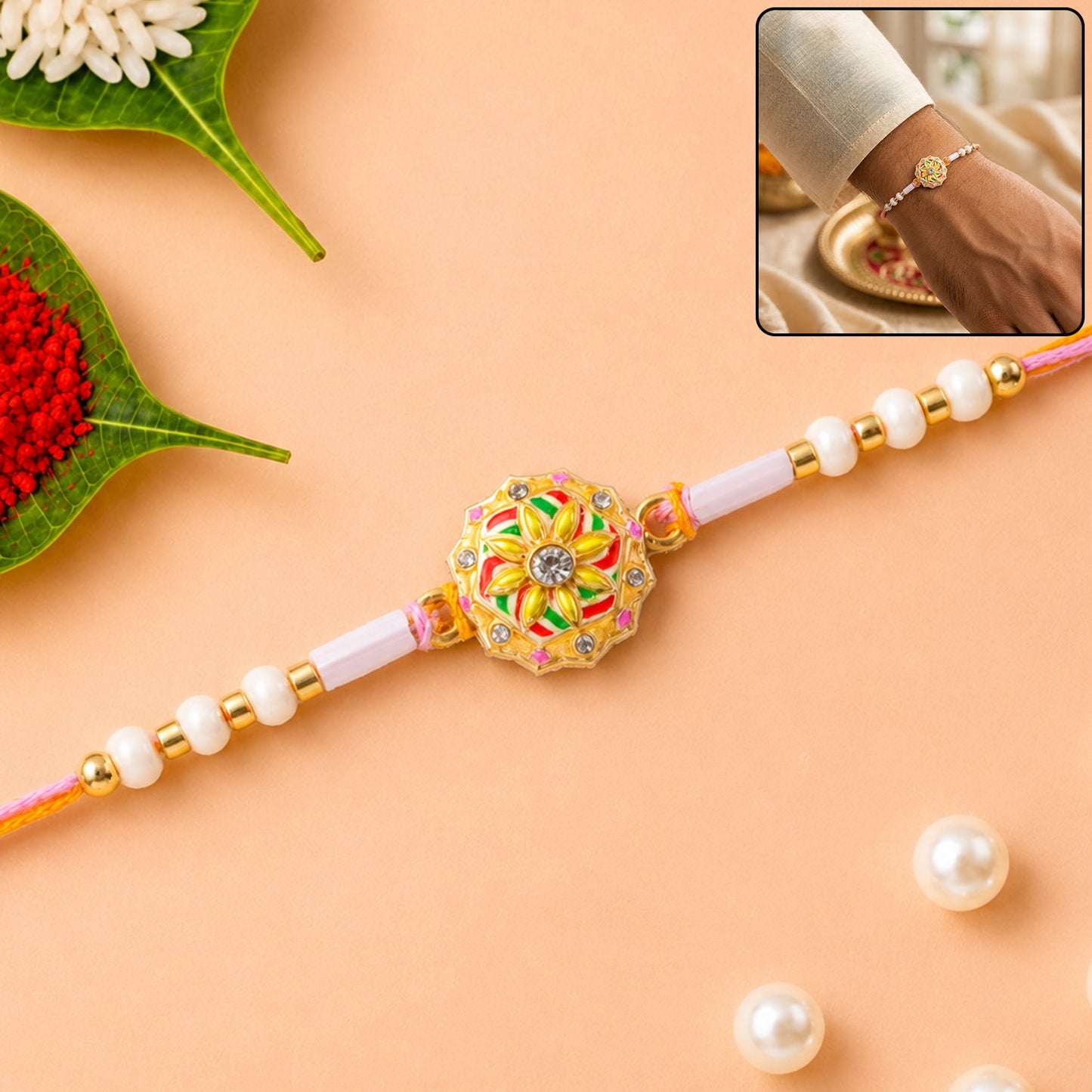 Colourful Meenakari Bead Rakhi with Pearls for Brother - Rakshabandhan Gift