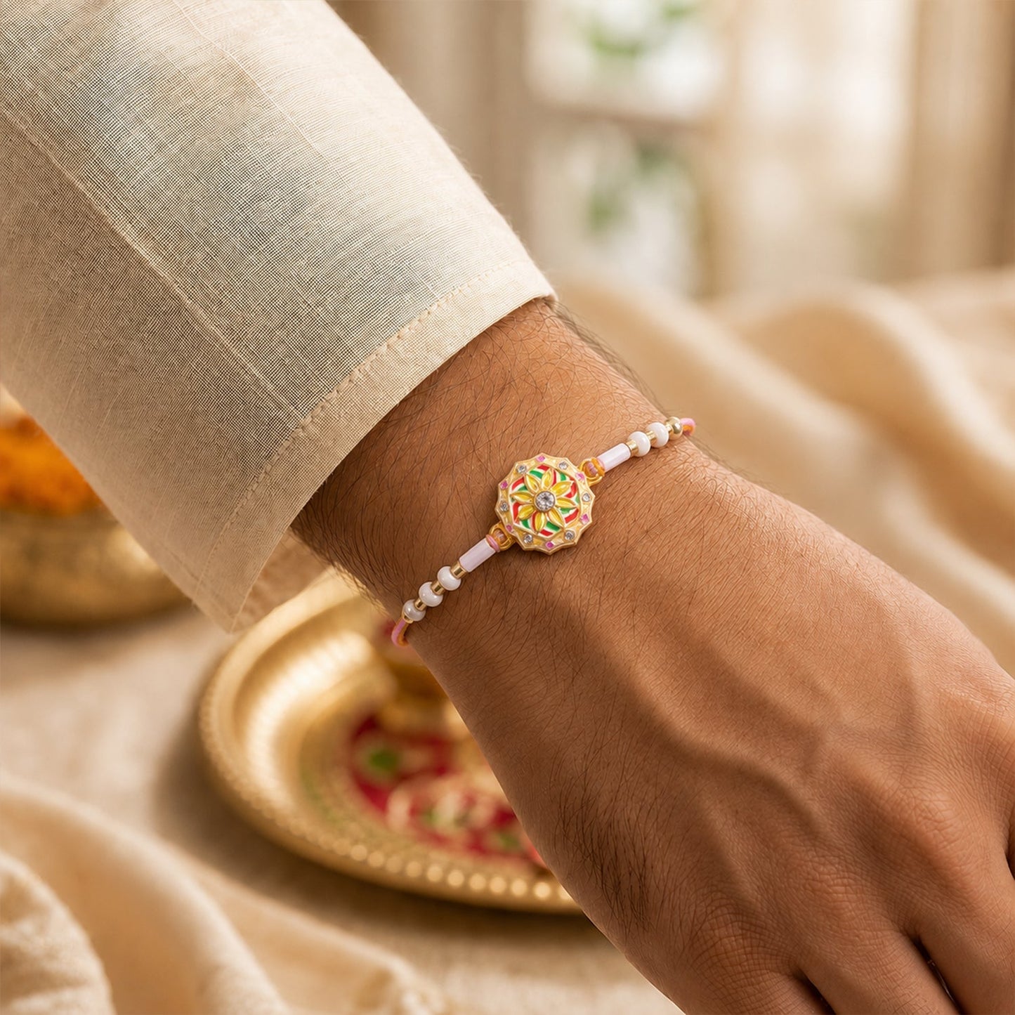 Colourful Meenakari Bead Rakhi with Pearls for Brother - Rakshabandhan Gift