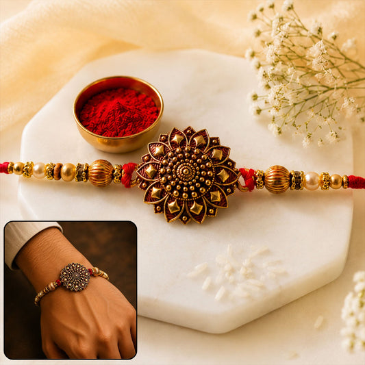 Antique Gold Floral Mandala Rakhi with beads, close-up