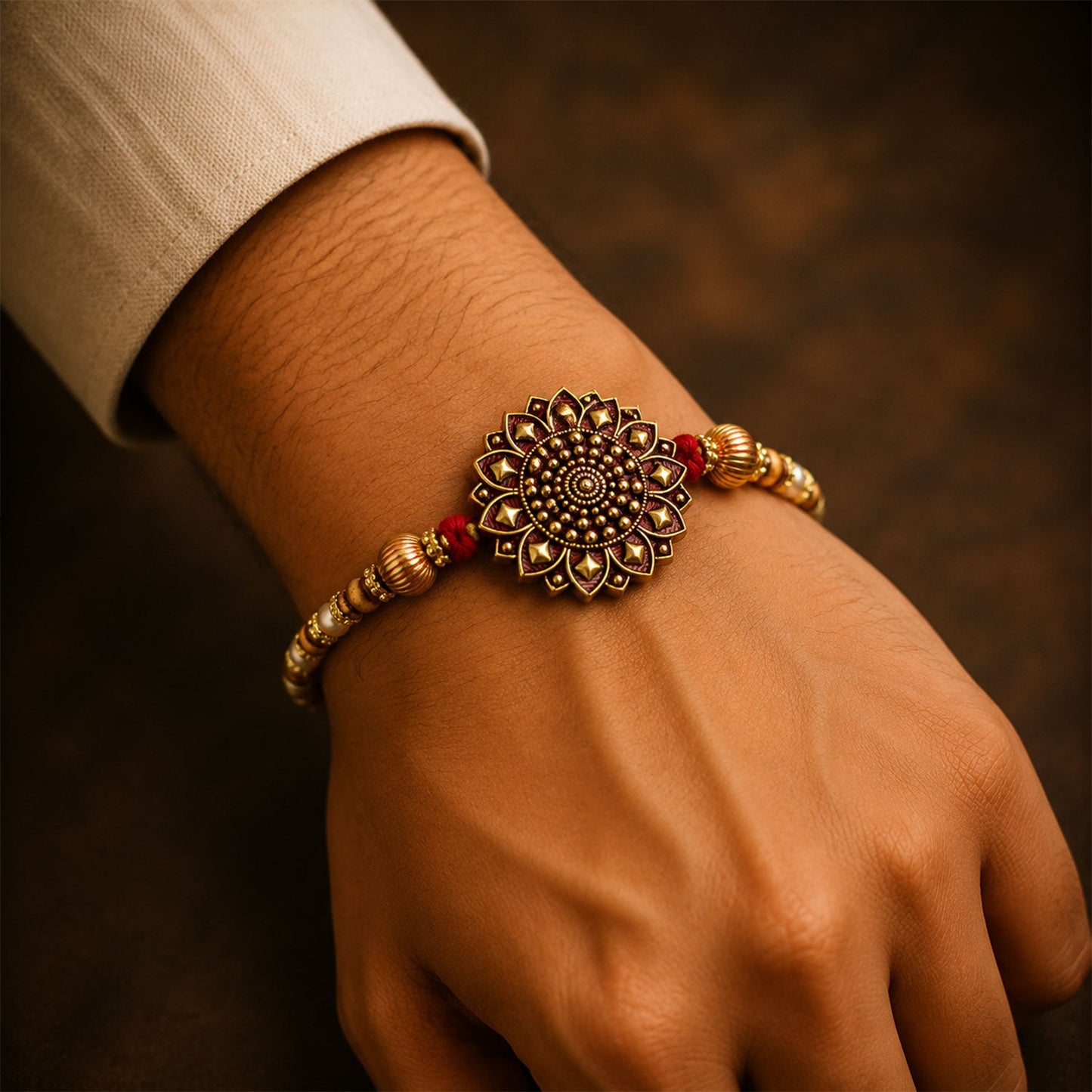 Designer Antique Gold Rakhi with beads displayed against a light background