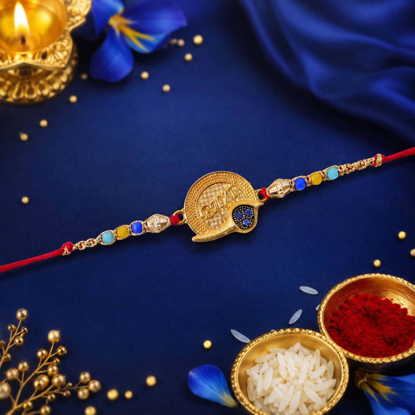 Golden Bhai Text Rakhi with Multicolour Beads for Brother - Raksha Bandhan Special