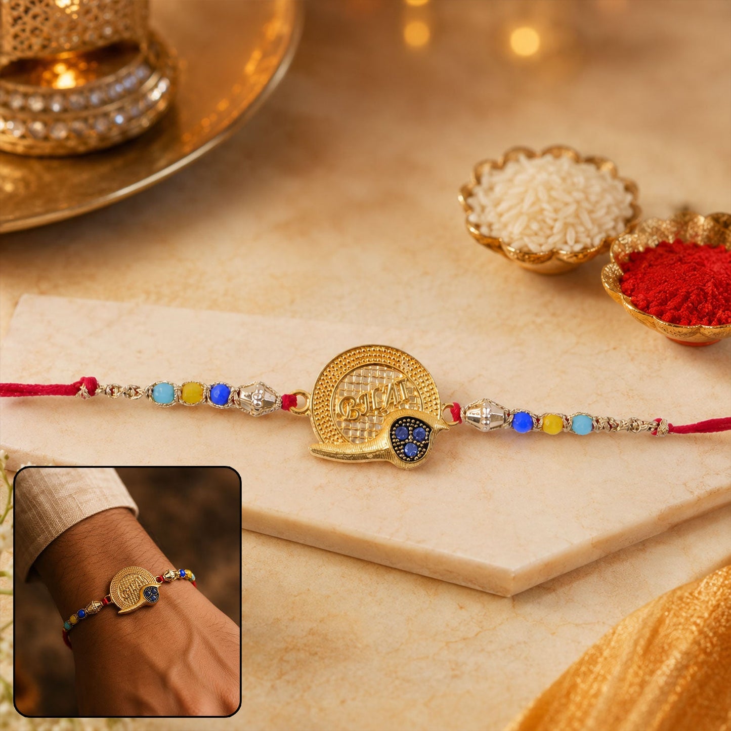 Golden Bhai Text Rakhi with Multicolour Beads for Brother - Raksha Bandhan Special