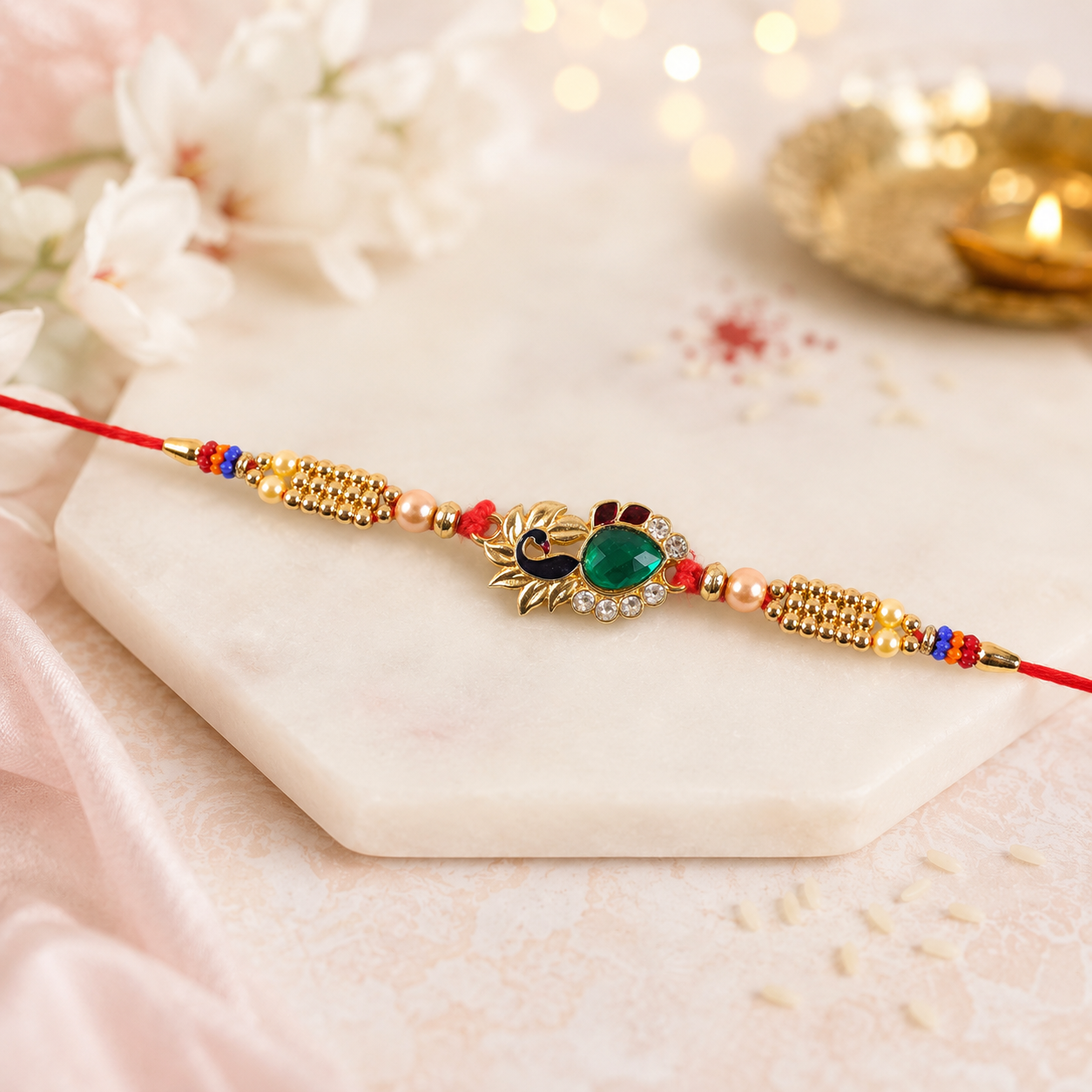 Golden Lotus Floral Rakhi with Green Stone & AD Stones for Brother