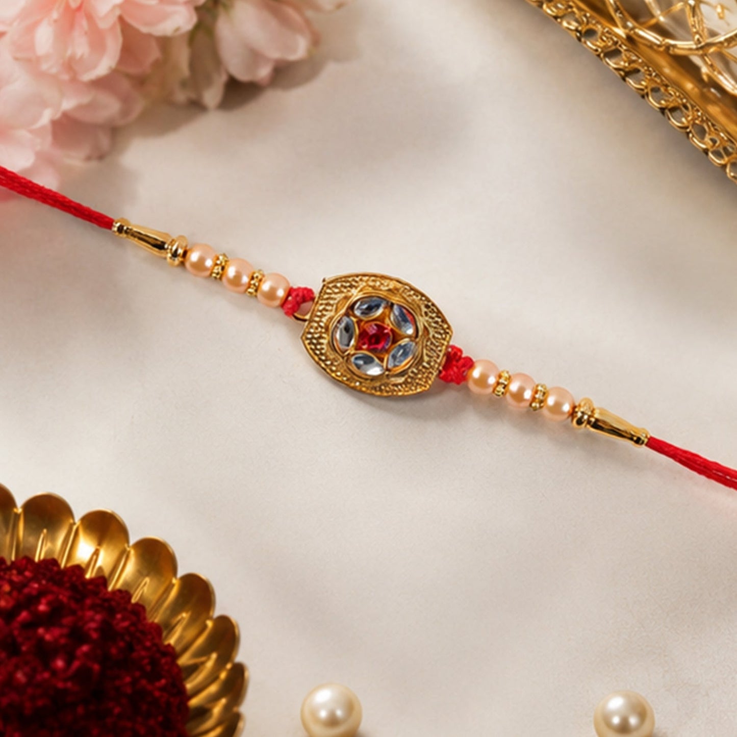 Gold-Plated Floral AD Stone Rakhi for Brother - Rakshabandhan Gift