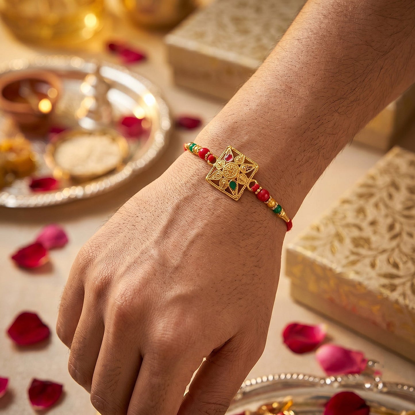 Golden Square Rakhi with Stone & Colourful Beads for Brother