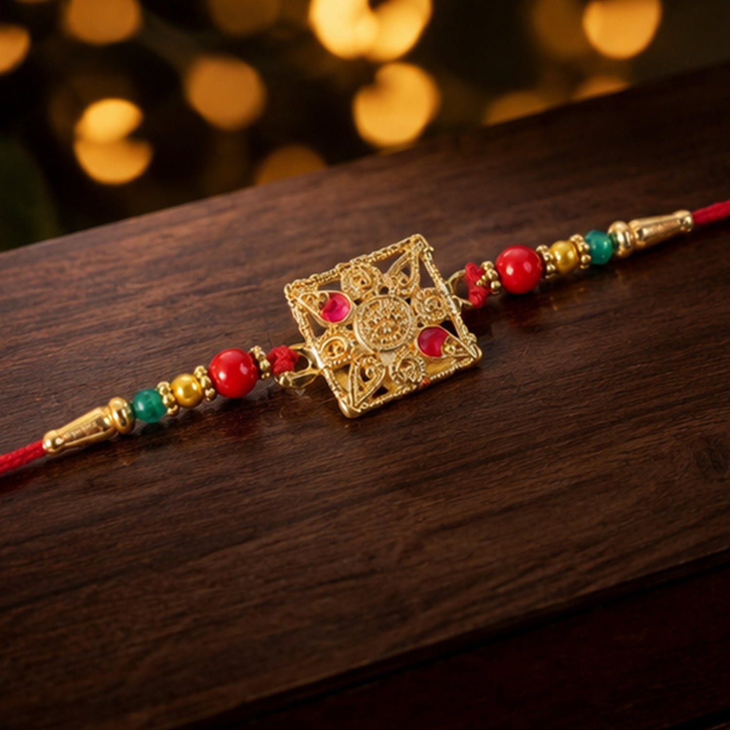 Golden Square Rakhi with Stone & Colourful Beads for Brother