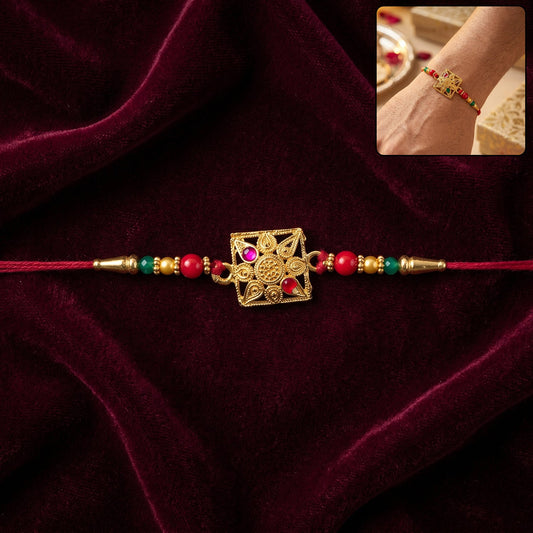 Golden Square Rakhi with Stone & Colourful Beads for Brother