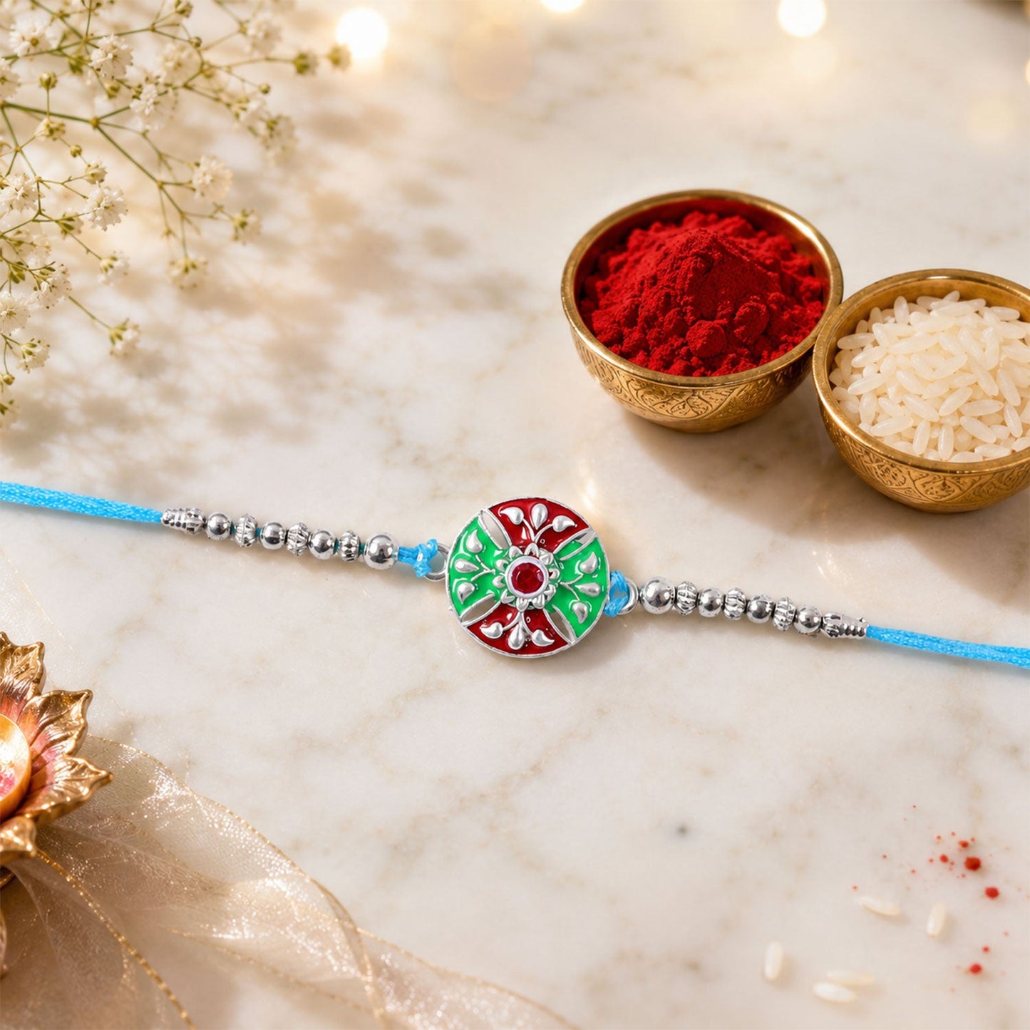 Meenakari Rakhi with blue thread and silver accents