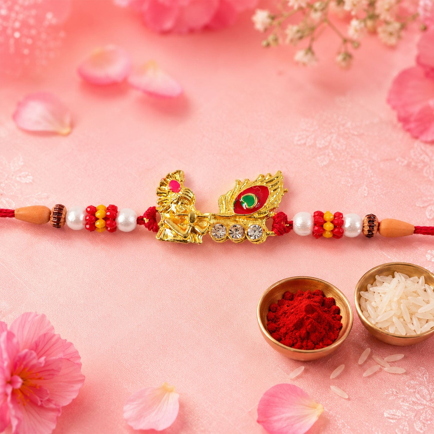 Lord Krishna with Peacock Feather Golden Rakhi with AD Stones for Brother